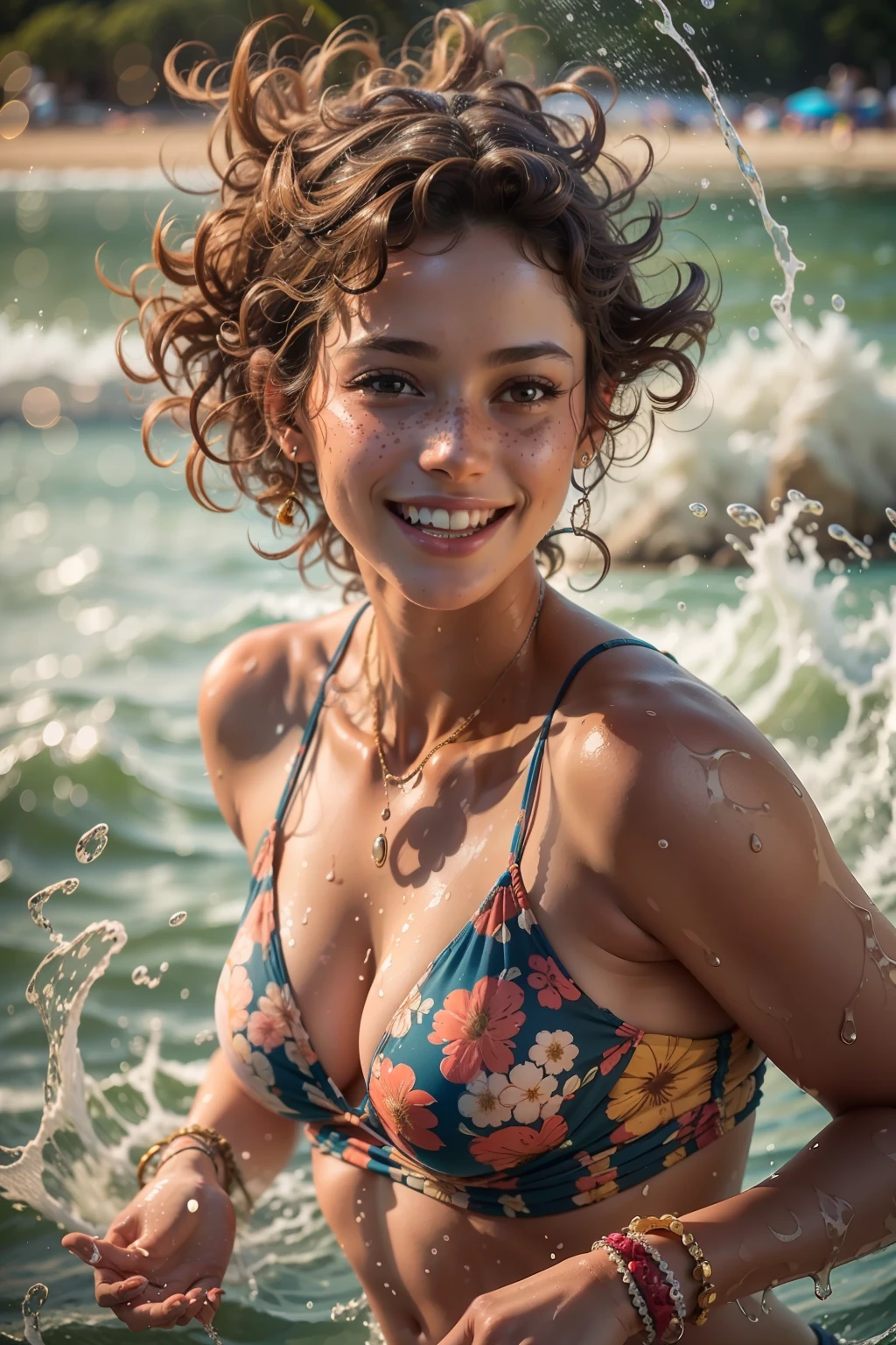 alluring 30year old french woman with short curly wavy hair, light brown, clear skin with freckles,small breasts,wearing floral pattern bikini,bracelets,running in the sea smiling and splashing water