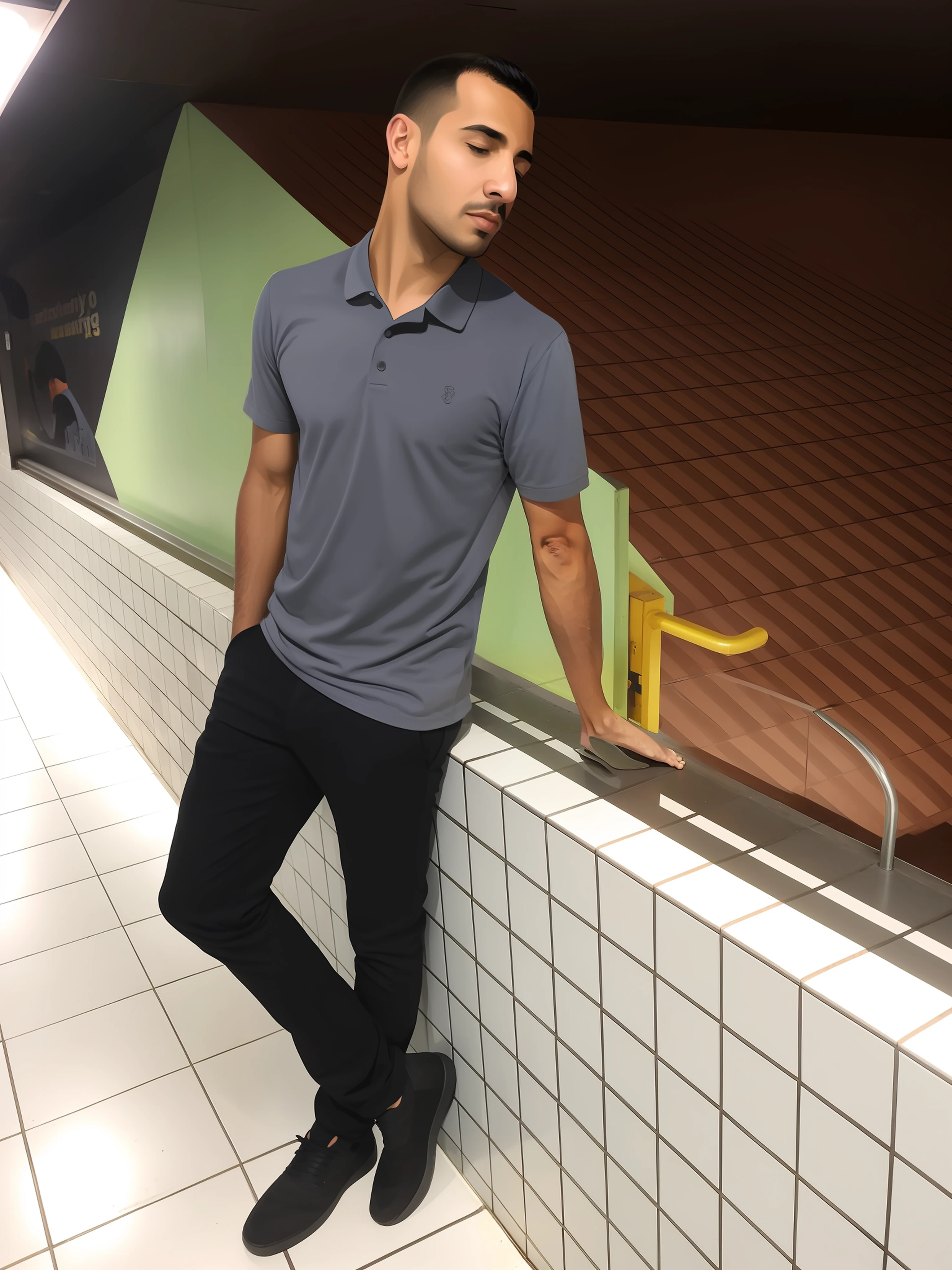 arafed man standing on a tiled wall in a subway station, caio santos, casual pose, inspired by Antônio Parreiras, full body picture, in sao paulo, satisfied pose, side pose, inspired by Nathan Oliveira, very artistic pose, by Nándor Katona, cool pose, in the city, profile shot