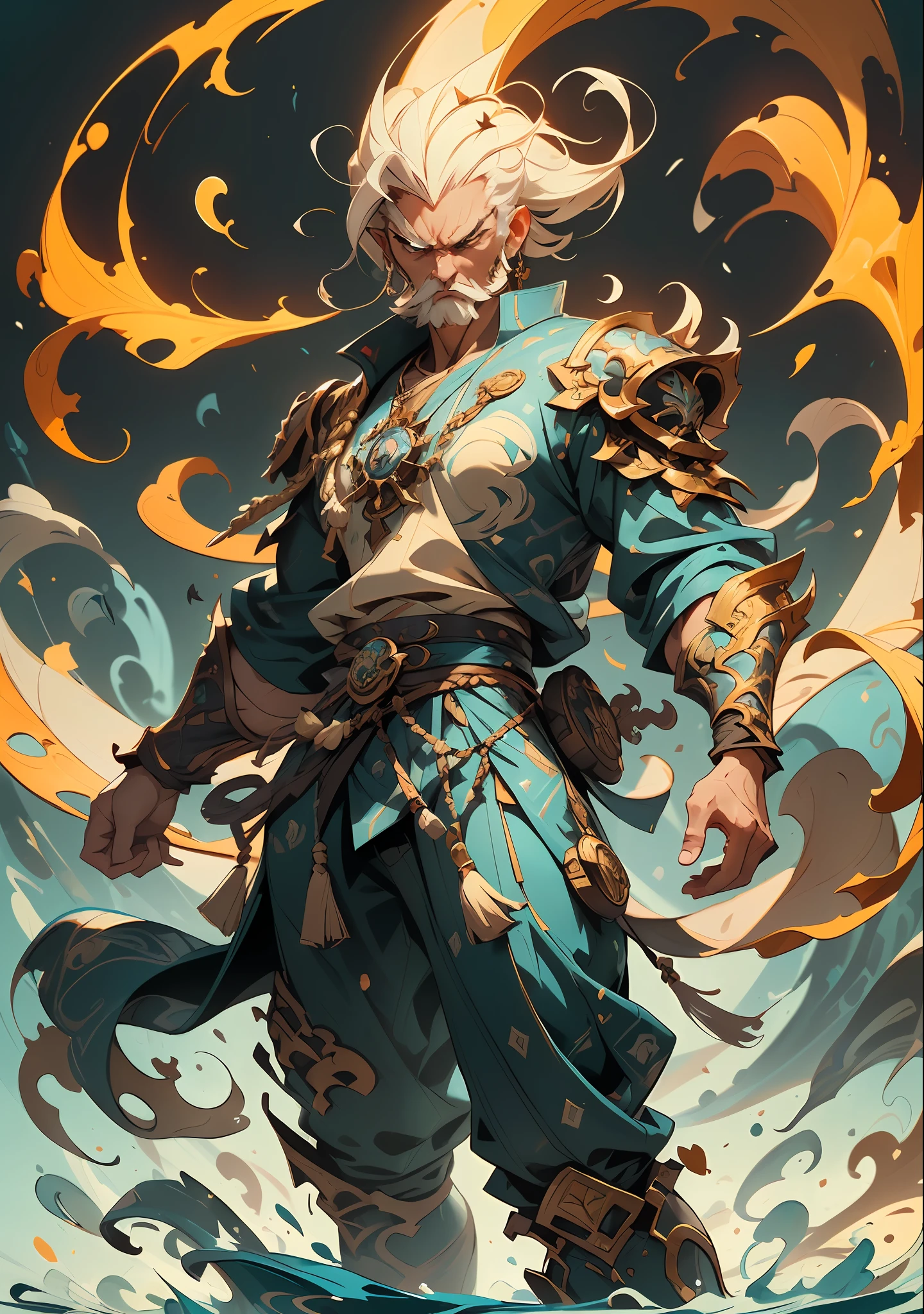 A middle-aged man with a powerful aura emanating from his entire body, his eyes wide open in anger, and his mouth roaring, He is dressed in a simple yet dignified blue-patterned cloth armor with a white base, This character design is reminiscent of Chinese martial arts heroes in Japanese anime, with finely crafted character design and a mature artistic style, ((character concept art)), full body character drawing, high definition, best quality, ultra-detailed, extremely delicate, anatomically correct, symmetrical face, extremely detailed eyes and face, high quality eyes, RAW photo, UHD, 8k, professional lighting, soft lighting, (masterpiece:2)