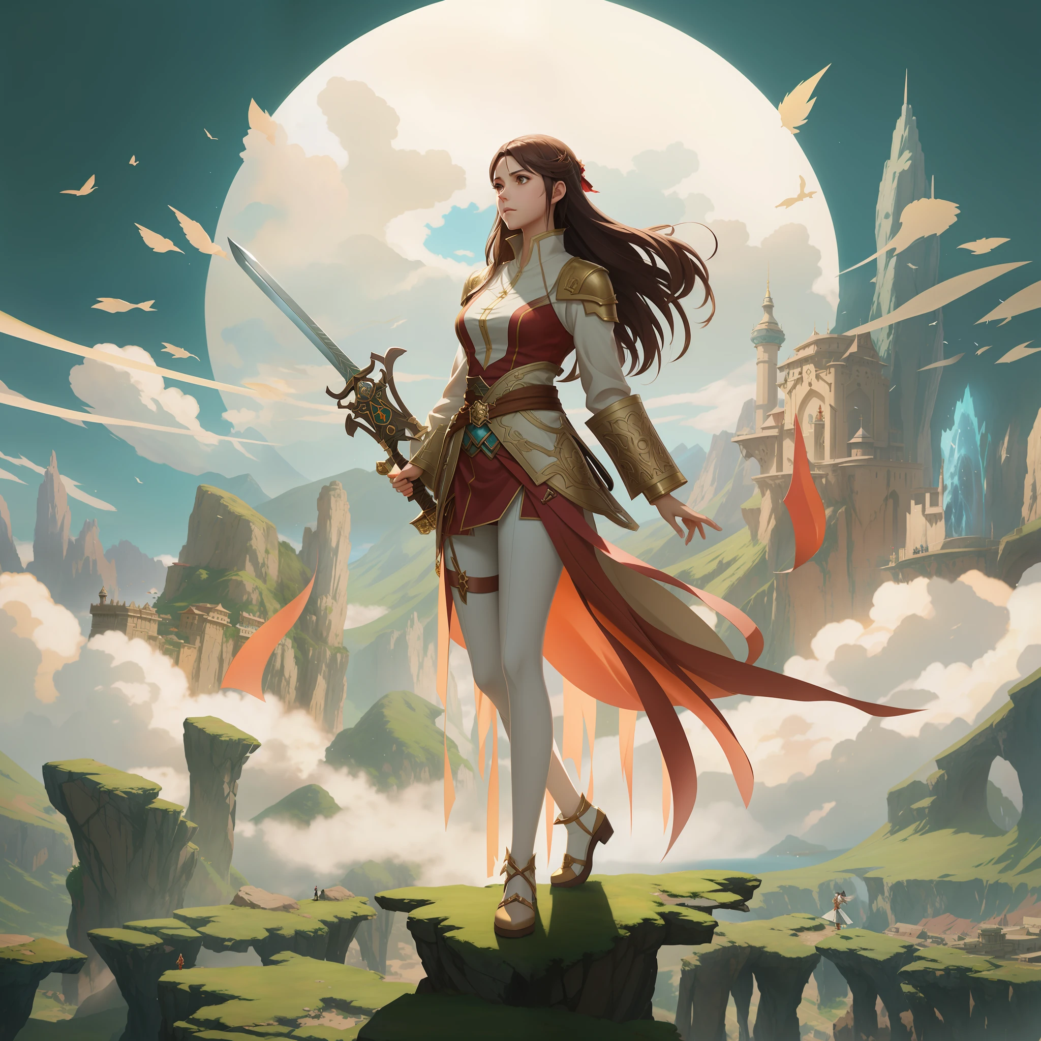 There is a woman standing on a cliff with a sword, cushart krenz arte chave feminina, Artgerm e Atey Ghailan, anime fantasy illustration, Krenz Cushart e Artgerm, arte de fantasia de anime, 2. 5 d cgi anime fantasia arte, Krenz Cushart e Wenjun Lin, por Yang J