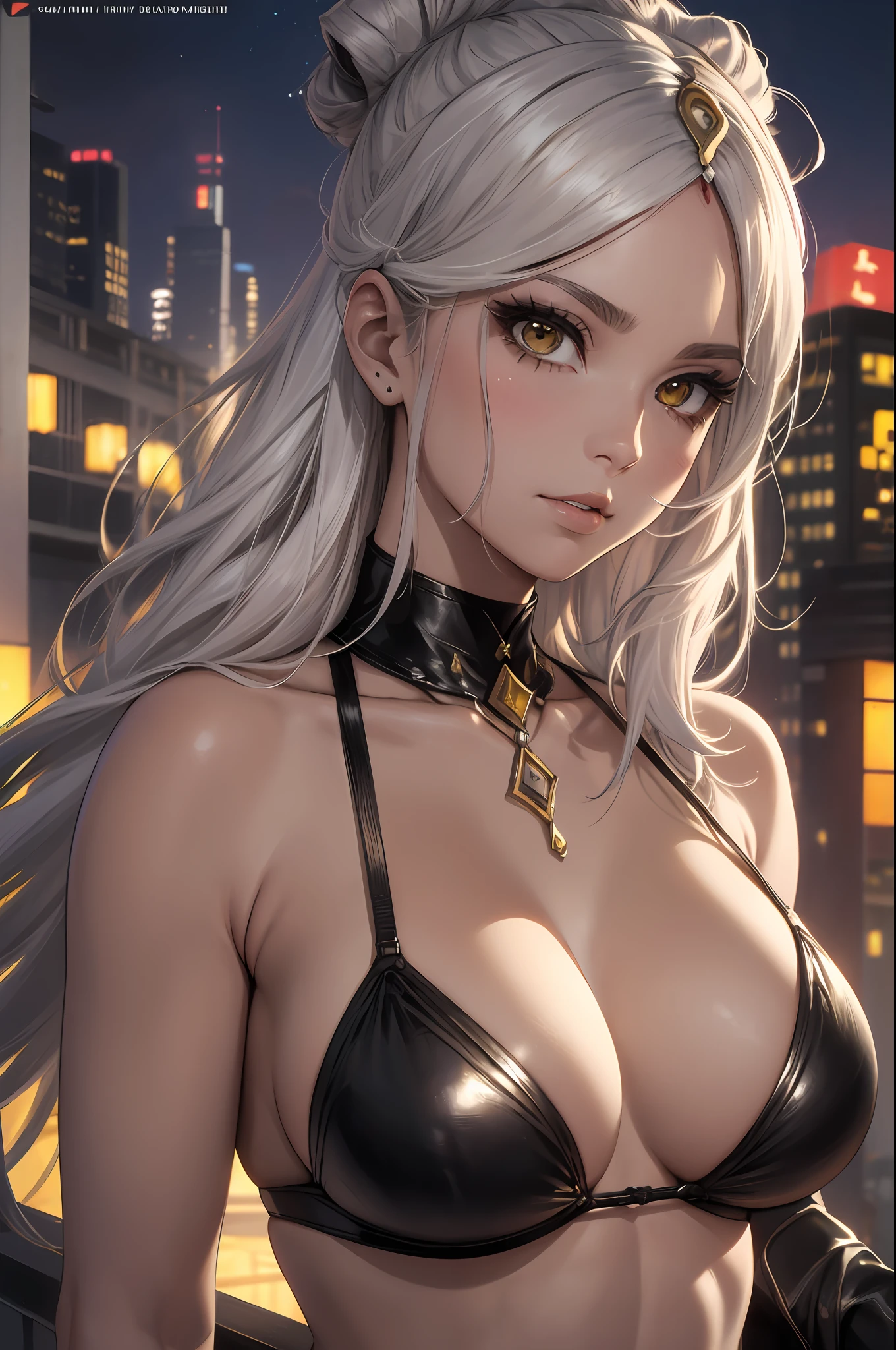 16K, RTX, HDR, extremely high details, intricate, professional makeup, closeup shot, best quality, masterpiece, night time, 1woman, solo, mature, cool, edgy, muscular, sexy golden micro bikini top, glowing eyes, silver long hair, smooth skin, big boobs, cleavage, ((extremely slutty)).