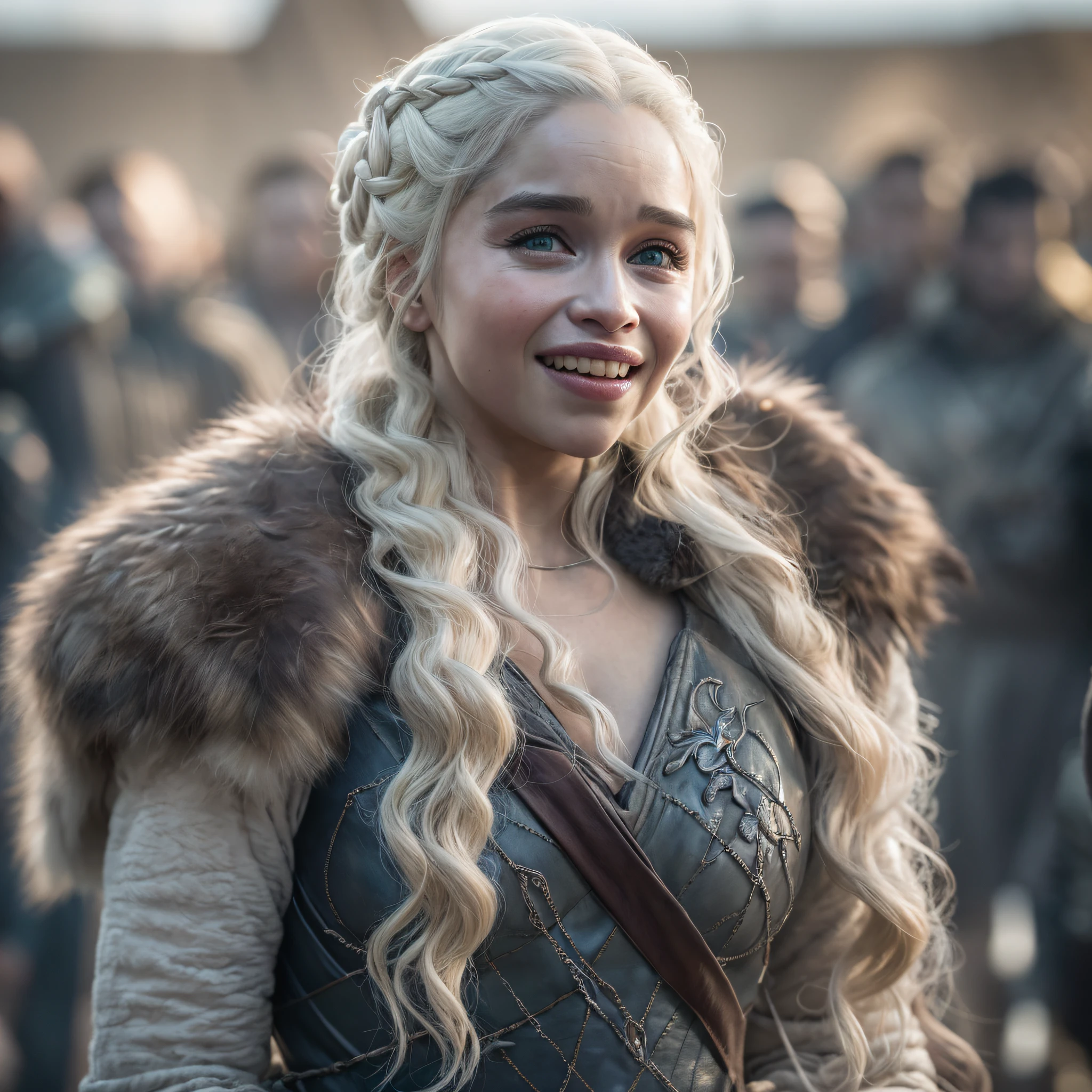 (masterpiece), (best quality), (detailed), (8k), (HDR), (wallpaper), (cinematic lighting), (sharp focus), (intricate), looking at viewer, (Game of Thrones), (Daenerys with Emilia Clarke's face),(Masterpiece), (High Quality), beautiful landscape, winter, castle, detailed armor, full body view, [smiling face], [sexy look],