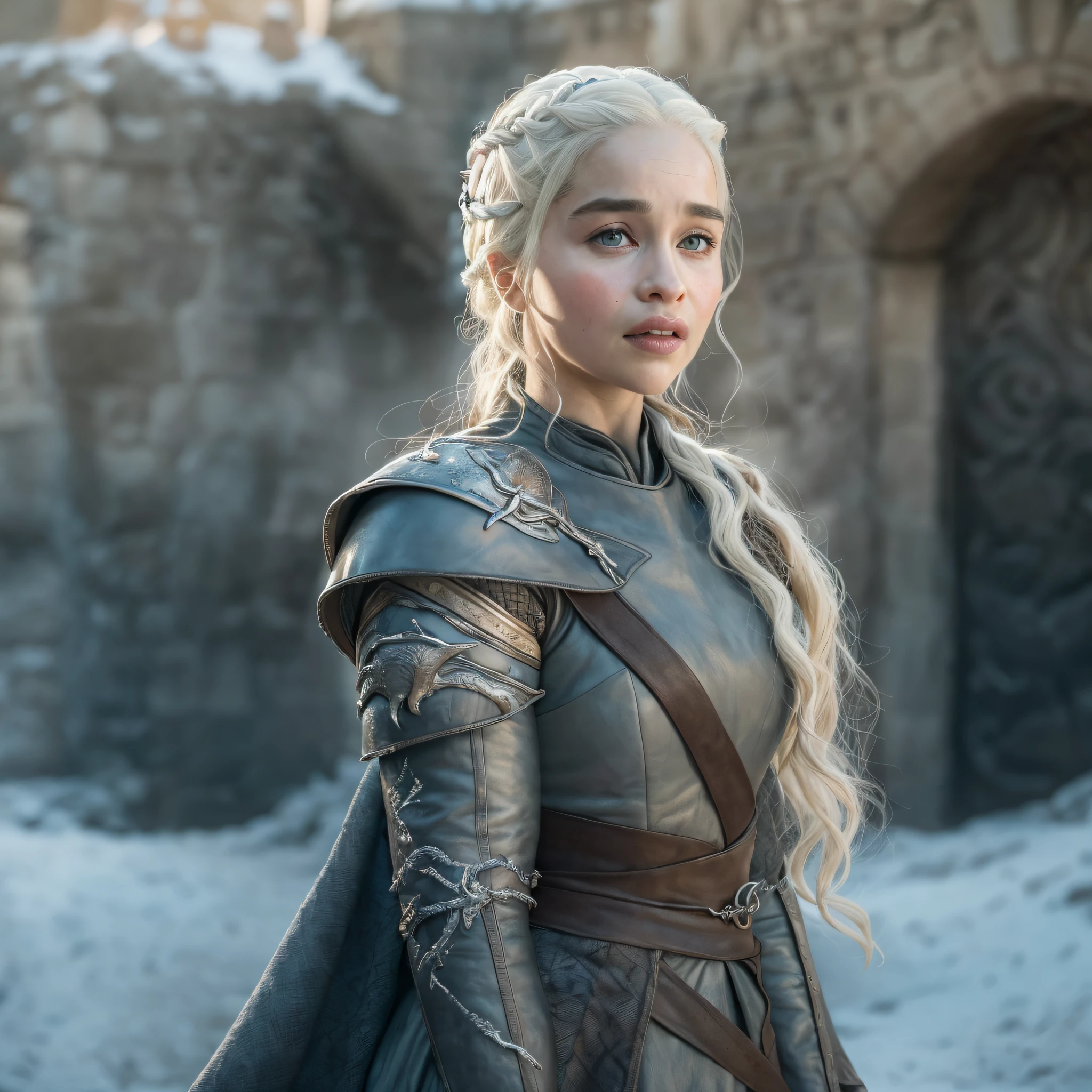 (masterpiece), (best quality), (detailed), (8k), (HDR), (wallpaper), (cinematic lighting), (sharp focus), (intricate), looking at viewer, (Game of Thrones), (Daenerys with Emilia Clarke's face),(Masterpiece), (High Quality), beautiful landscape, winter, castle, detailed armor, full body view, [smiling face], [sexy look],