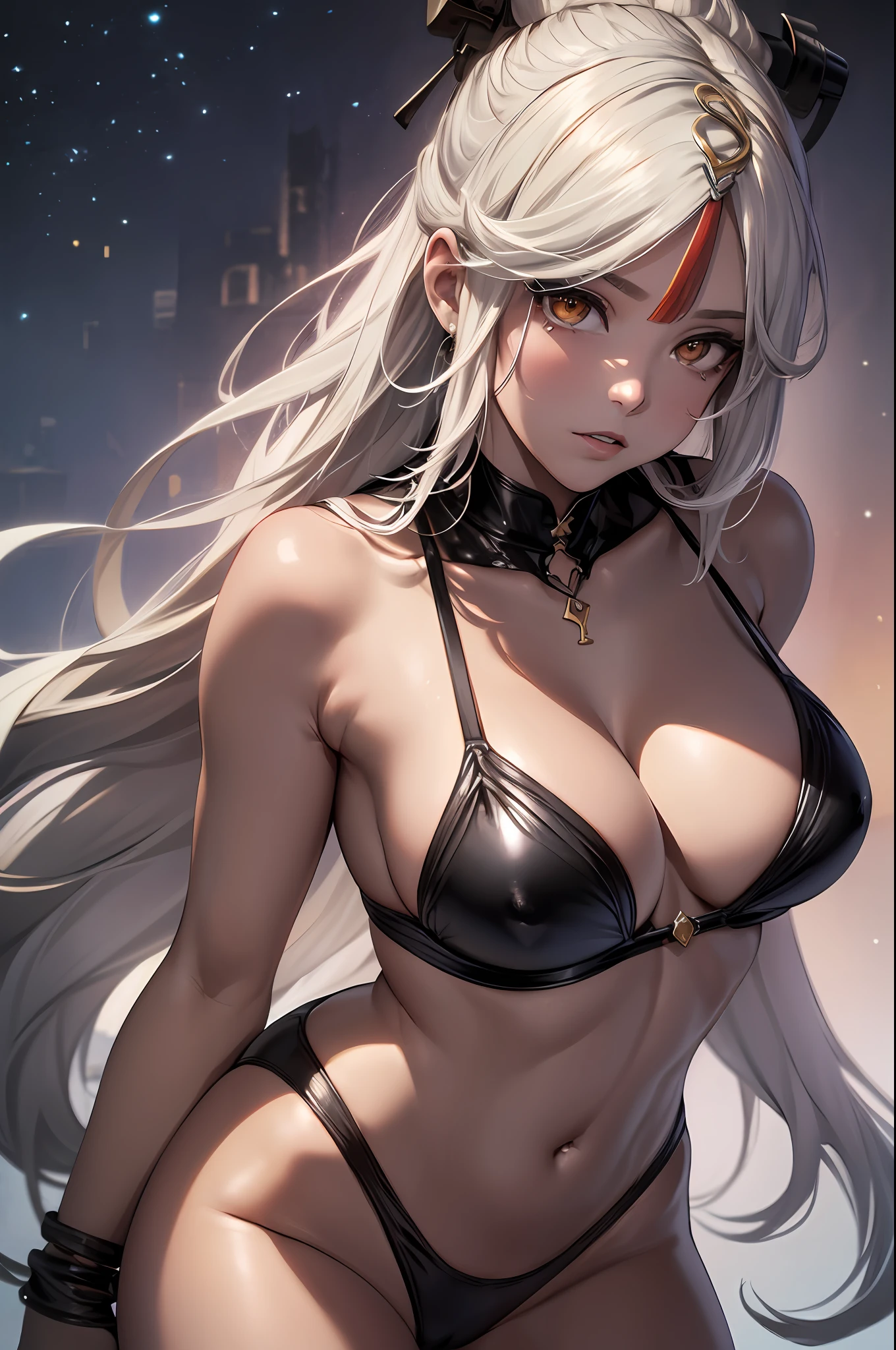 16K, RTX, HDR, extremely high details, intricate, professional makeup, closeup shot, best quality, masterpiece, night time, 1woman, solo, mature, cool, edgy, muscular, sexy golden micro bikini top, glowing eyes, silver long hair, smooth skin, big boobs, cleavage, ((extremely slutty)).