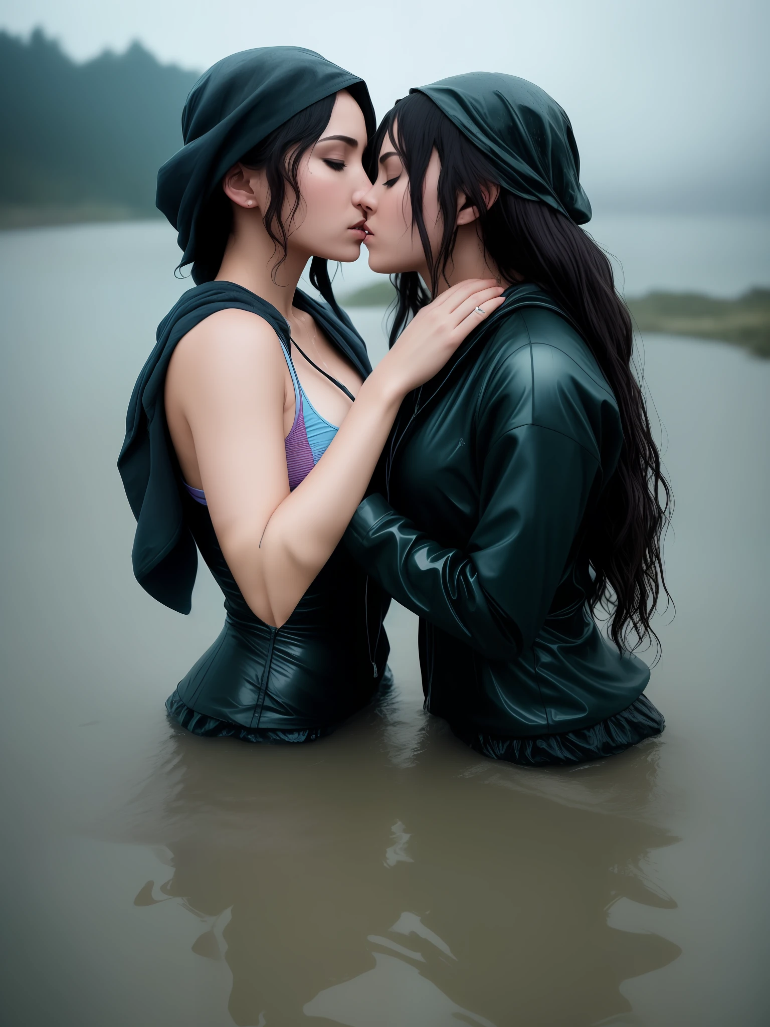 portrait of two sexy women kissing, wet clothes hdr, slate atmosphere, cinematic, dimmed colors, dark shot, muted colors, film grainy, lut, insane details, intricate details, hyperdetailed,