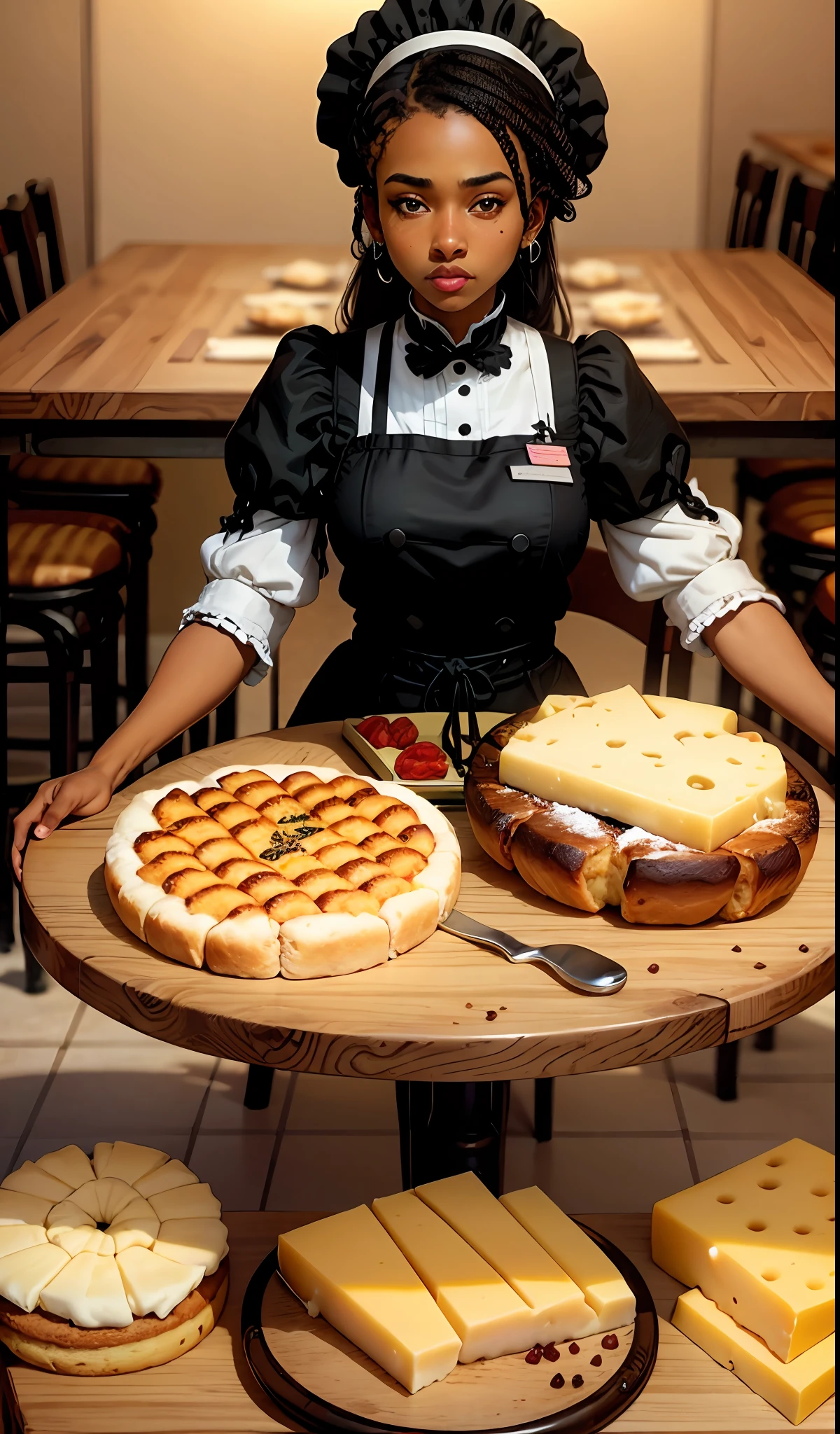 Checkered tables with cheese boards, artisan breads and black waitress.