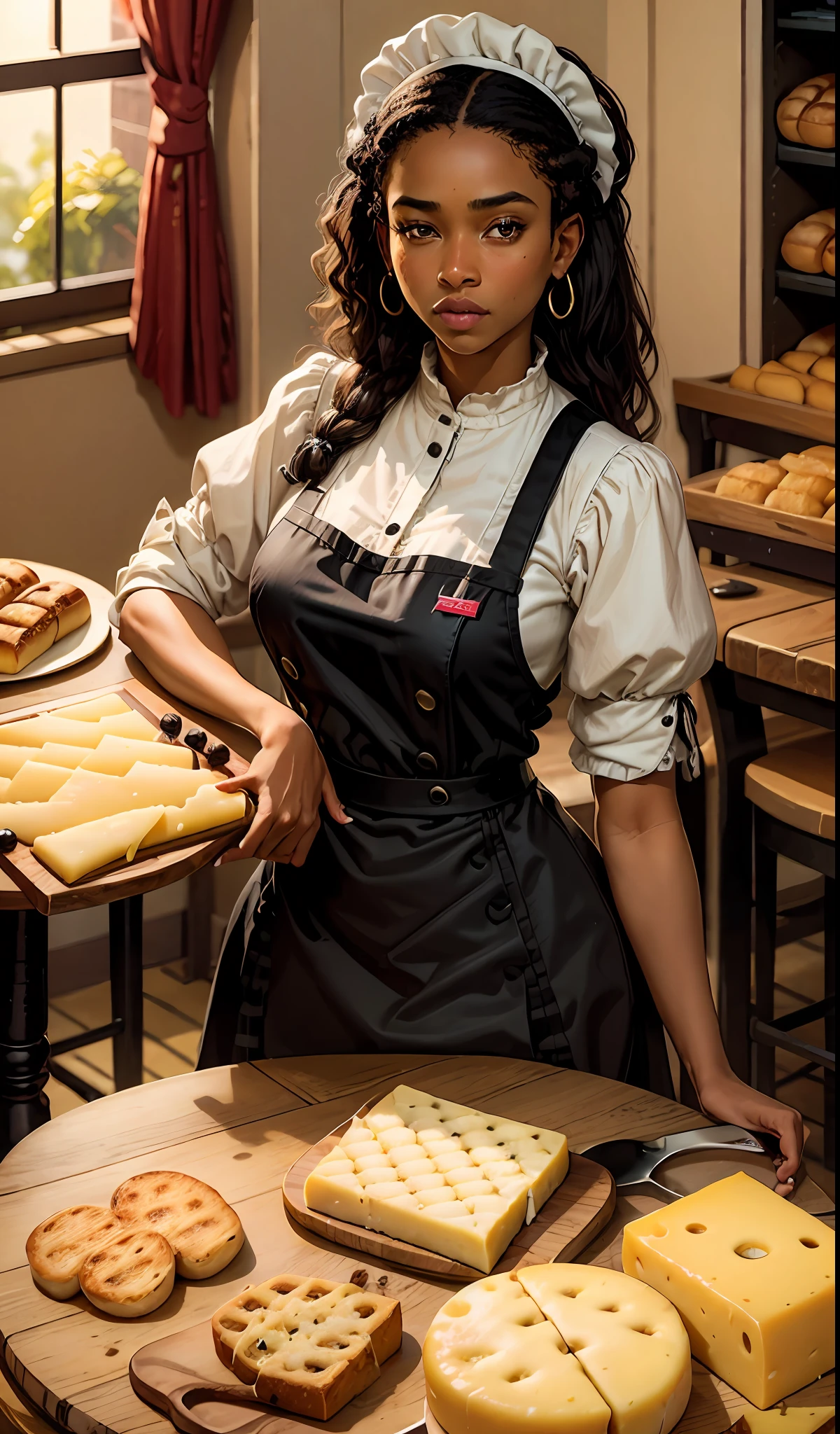 Checkered tables with cheese boards, artisan breads and black waitress.