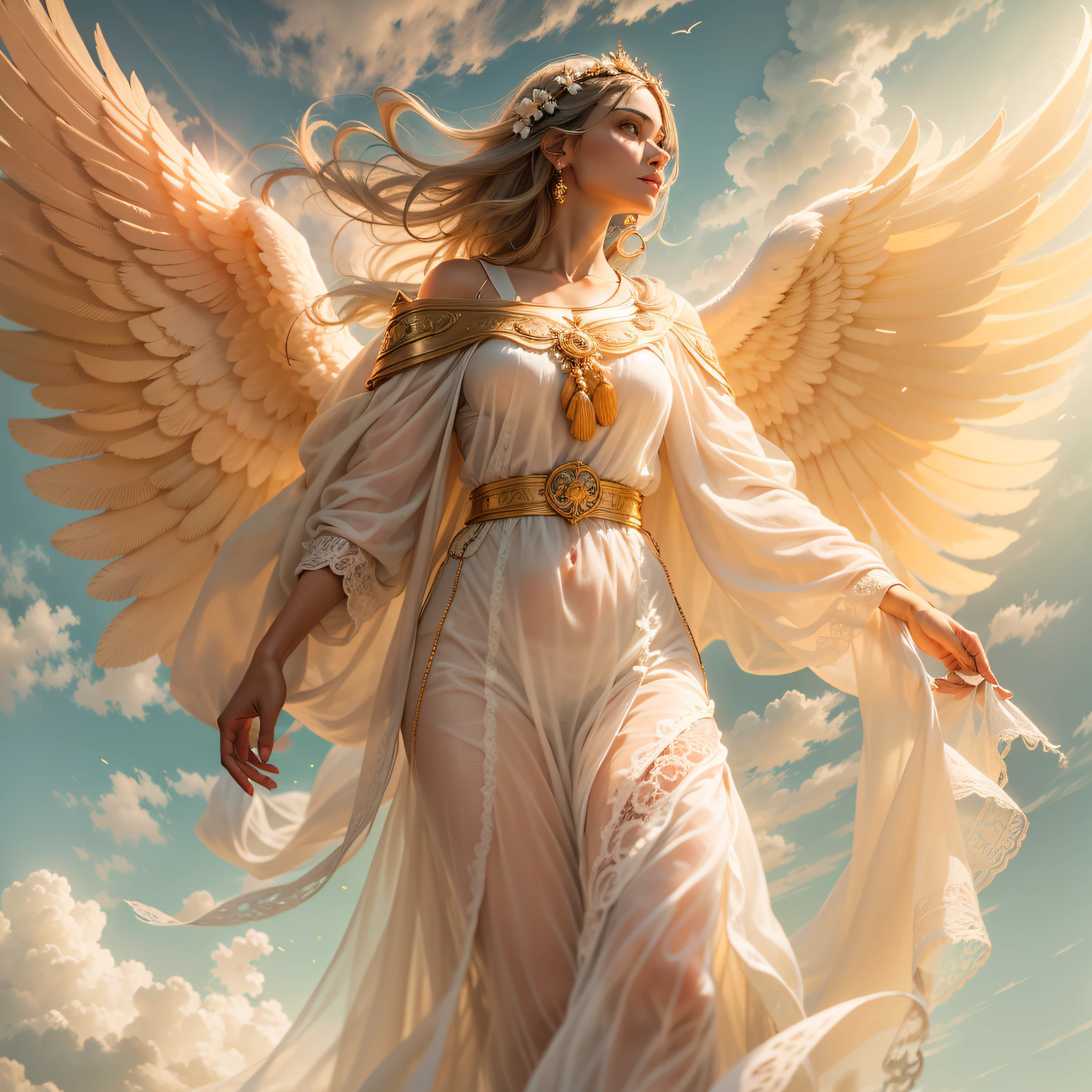 "Uma mulher loira, angelical, walking over the skies with the soft light of the sun illuminating it delicately."