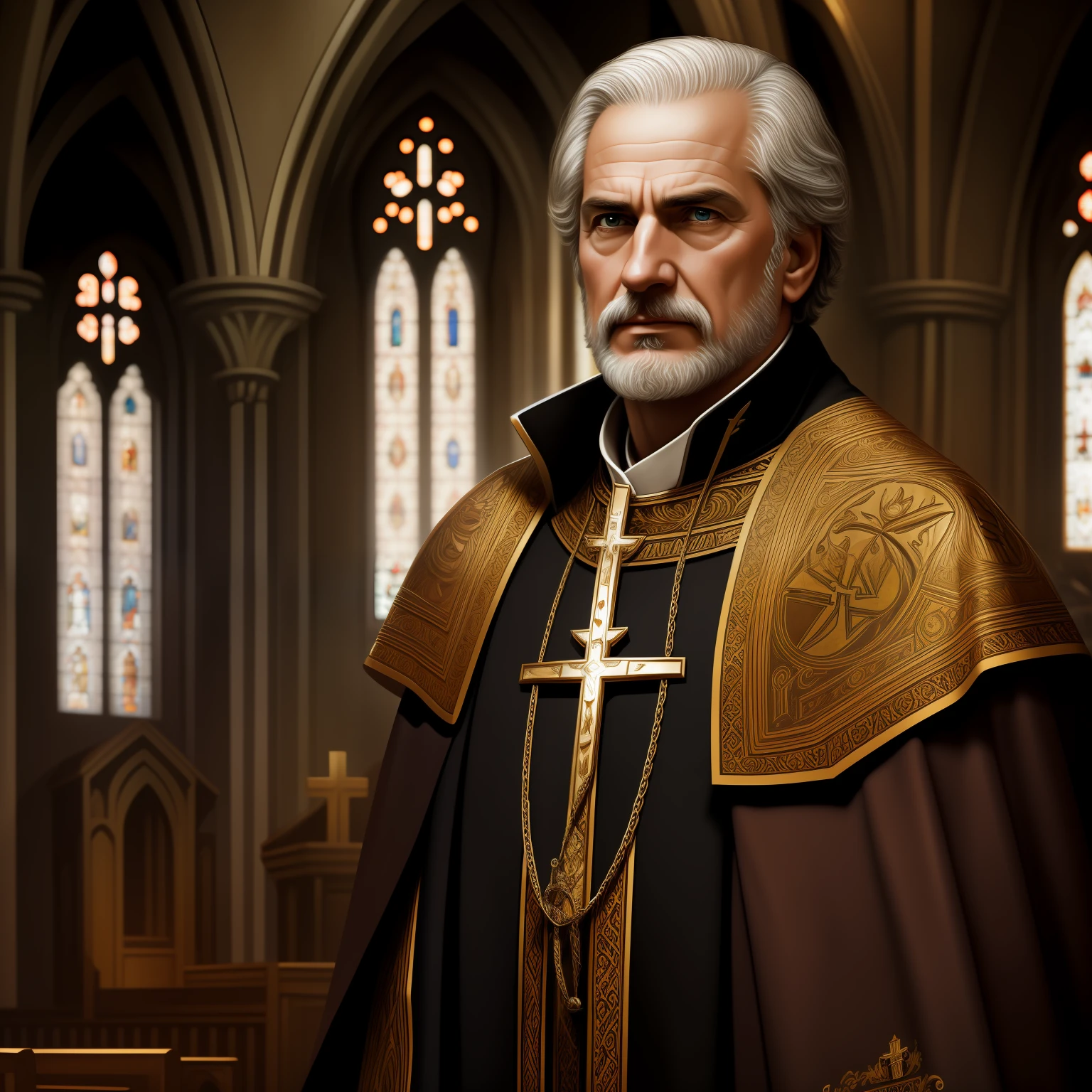 (absurdres, highres, ultra detailed), 1 male, older adult, broad shoulders, finely detailed eyes and detailed face, Black hair, no beard, Brown eyes, fantasy, indoors Church, Priest, Portrait --auto