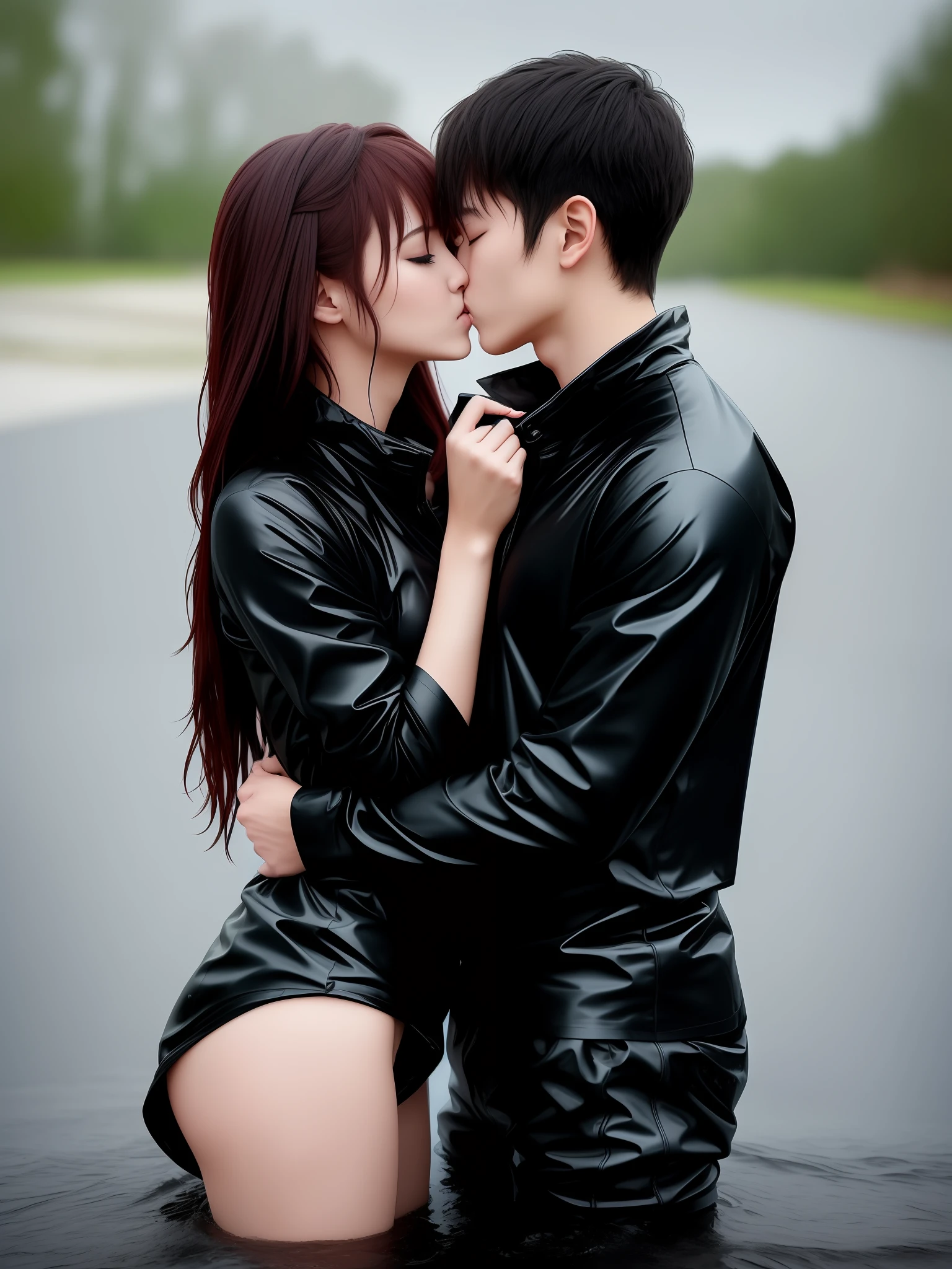 couple toung kissing in black wet clothes hdr