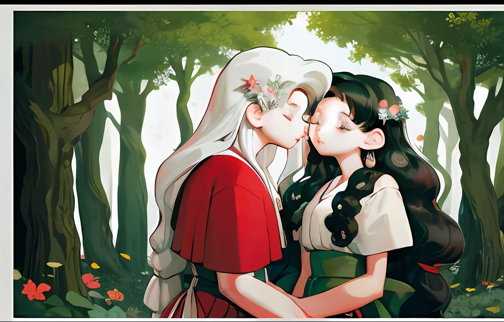 anime couple kissing, long hair, outdoors, masterpiece, best quality, masterpiece, best quality, cute, under tall trees, forest flowers, stars, tall trees, streams of light, (kagome and inuyasha)