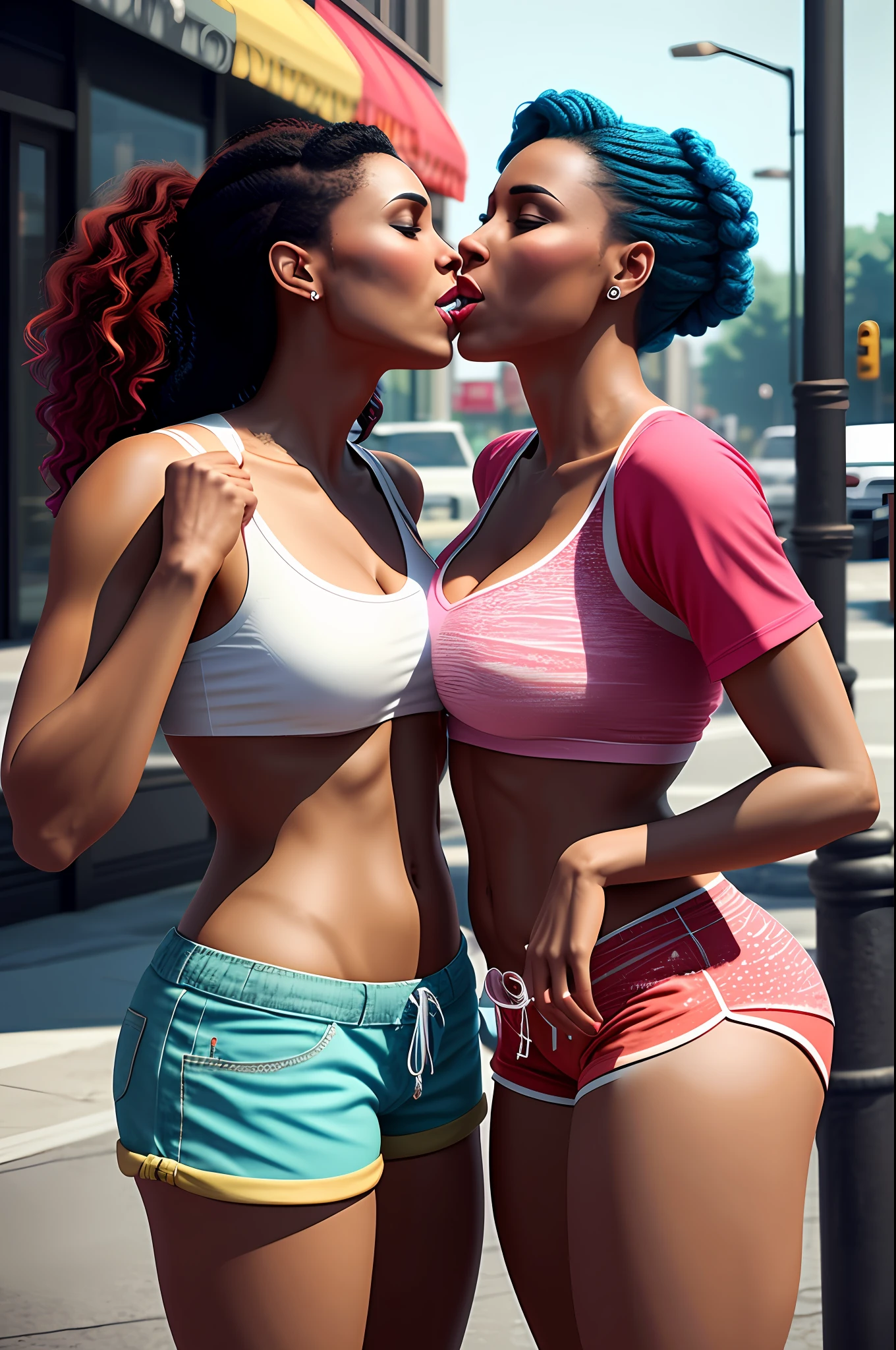 Nsfw:1.5, two women kissing, wearing shorts and tops, eating cones, in the style of beautiful women, wavy, hot body, streetwise style, stunning, intricately detailed, beautifully color-coded, unreal engine, octane render, natural lighting, ar 9:16, style expressive