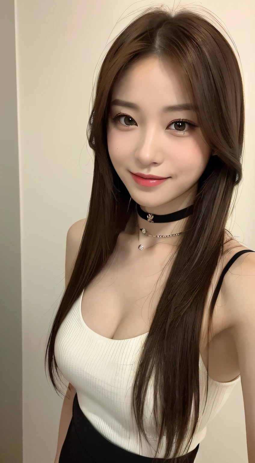 ((the night, 逼真光线, best qualtiy, 8k, tmasterpiece:1.3)), 1girl, Slim figure,Middle Aged Mature Woman:1.4, Abs:1.1, (A brown-haired, mideum breasts:1.3), Long skinny undershirt:1.1, 浴室,Ultra-fine face，Elaborate Eyes，二重まぶた，ssmile，choker necklace