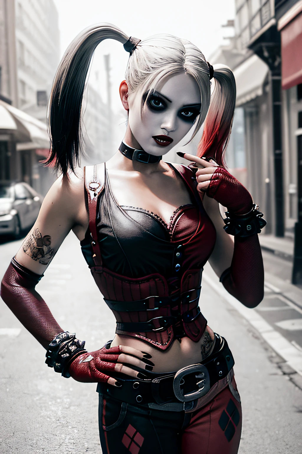 (Obra maestra, La mejor calidad:1.2),  Harley Quinn (Ciudad de Batman Arkham), 1girl, solamente, cabello rubio, colas gemelas, Guantes sin dedos, Guantes, senos, maquillaje, cabello multicolor, ombligo, toenail polish, escote, belt, tatuaje, diafragma, ojos azules, lipstick, gargantilla, senos medianos, sombra de ojos, Pelo rojo, pants, muslosaltos, Recortar arriba, cuello, labios, black nails, espigas, Cabello degradado, guantes de codo, red nails, cabello azul, Cabello largo, mascara, Ropa multicolor, labios rojos, En pie, azotea, Rascacielos, Paisaje urbano, ambition