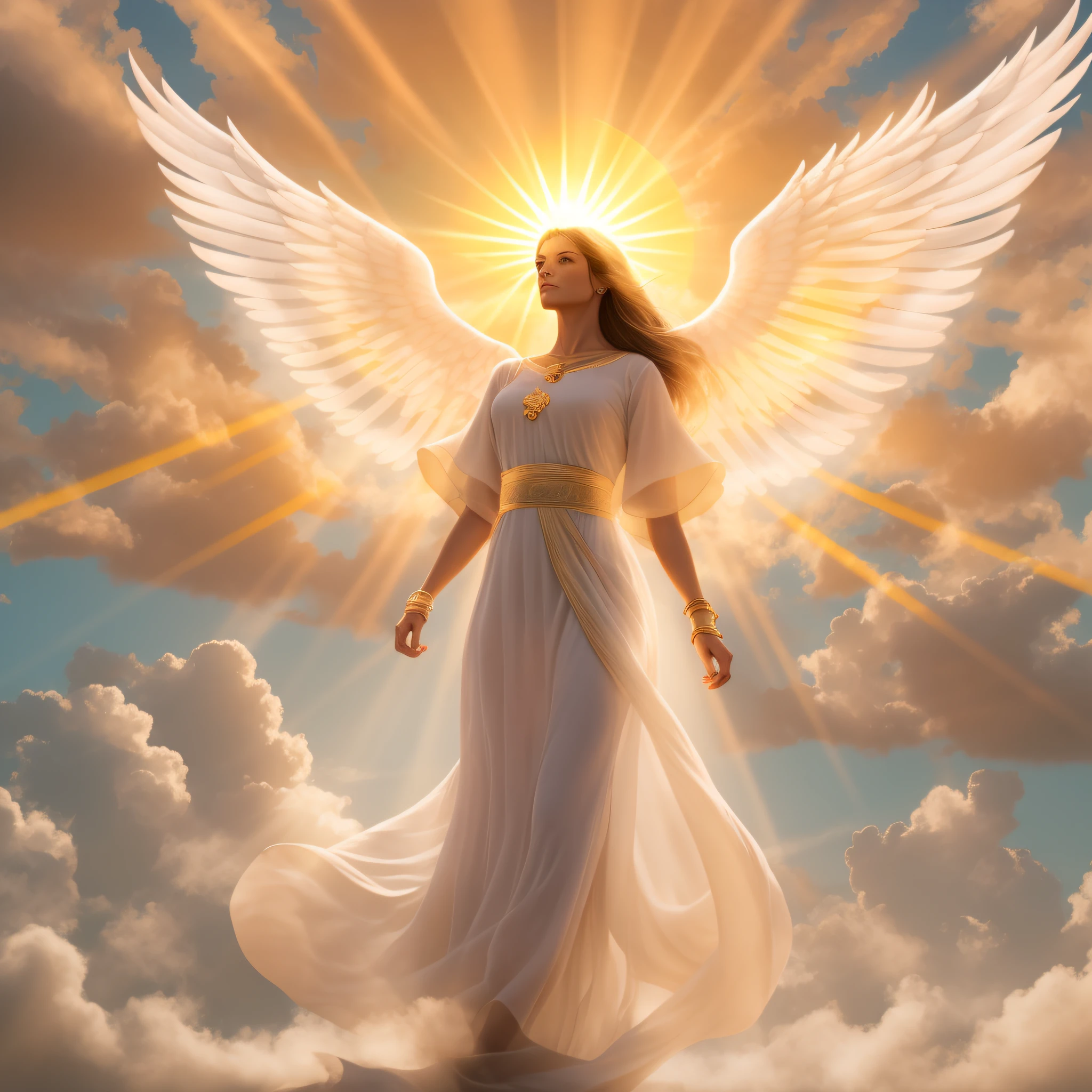 Uma mulher loira, angelical, walking on the skies being accompanied by the sun's rays, Deusa do Sol