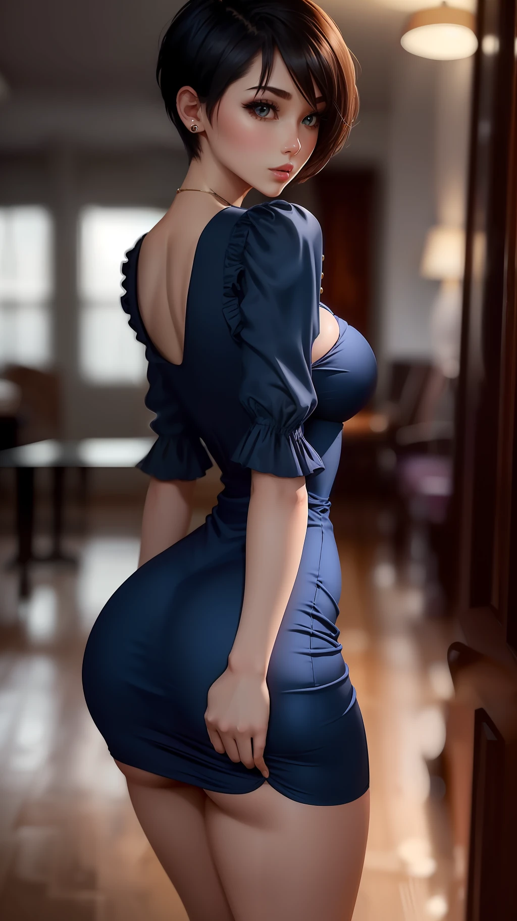 Sexy woman, big ass, tight dark blue short dress, short hair