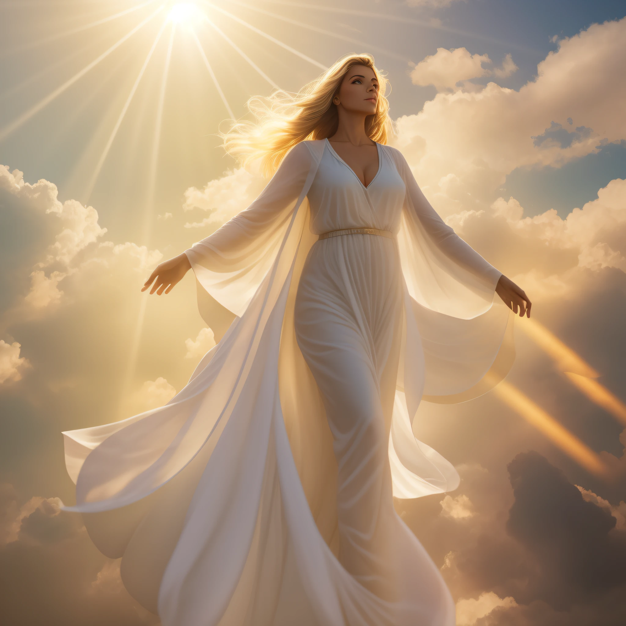 Uma mulher loira, angelical, walking on the skies being accompanied by the sun's rays, Deusa do Sol