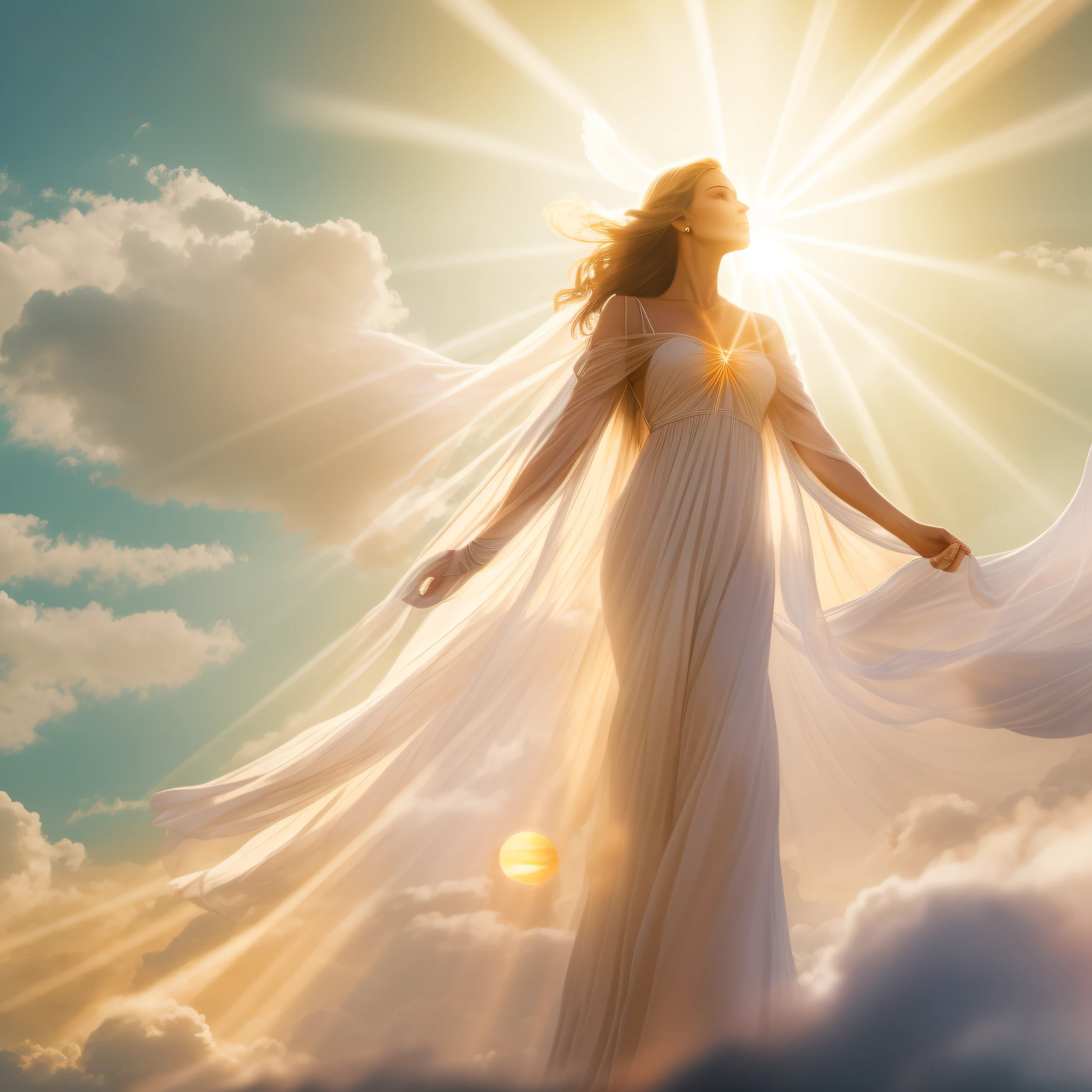 Uma mulher loira, angelical, walking on the skies being accompanied by the sun's rays, Deusa do Sol