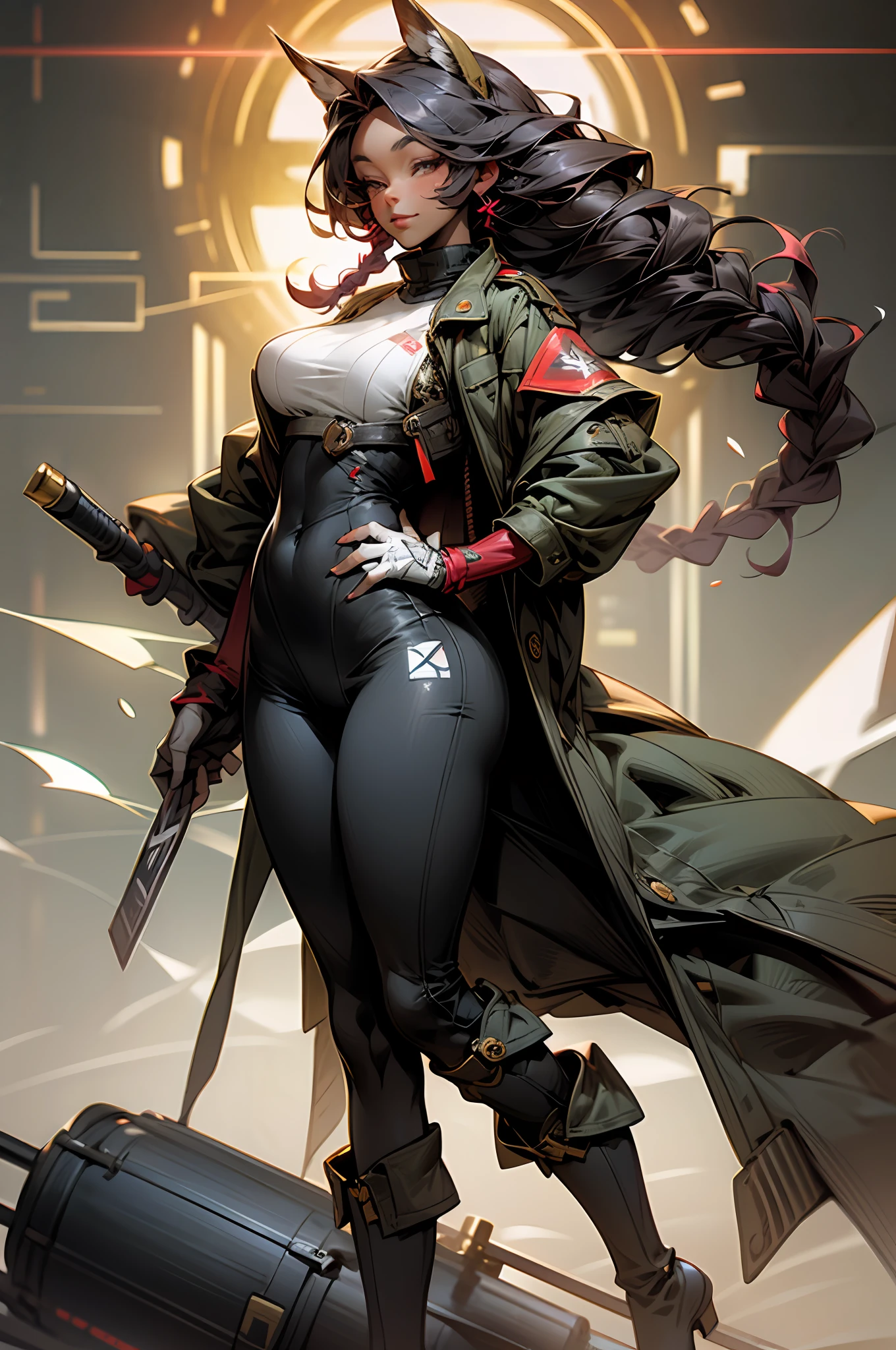 Black woman sexy athletic body big breasts hair with braids naked military jacket boot long barrel red woman --auto