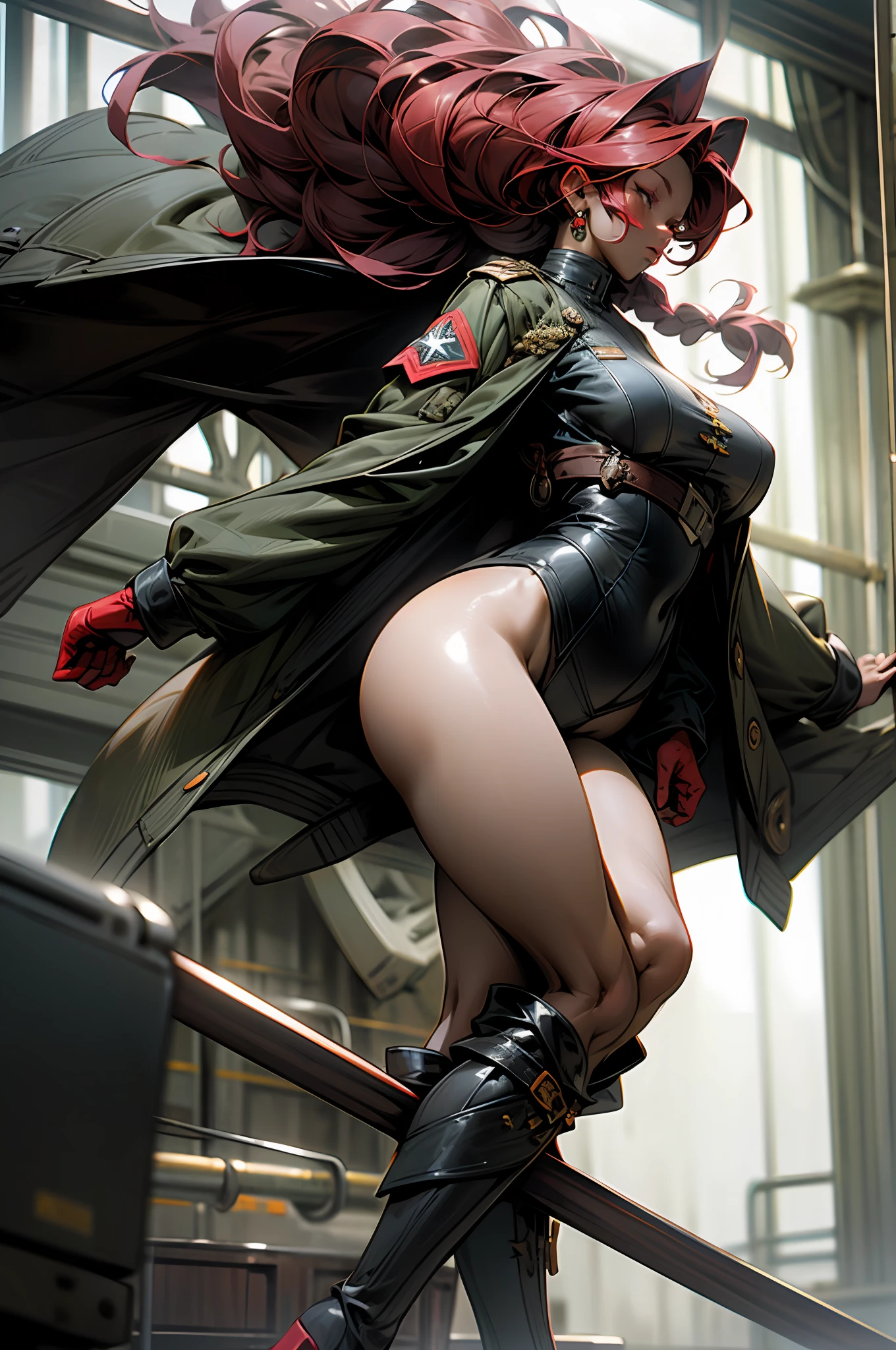 Black woman sexy athletic body big breasts hair with braids naked military jacket boot long barrel red woman --auto