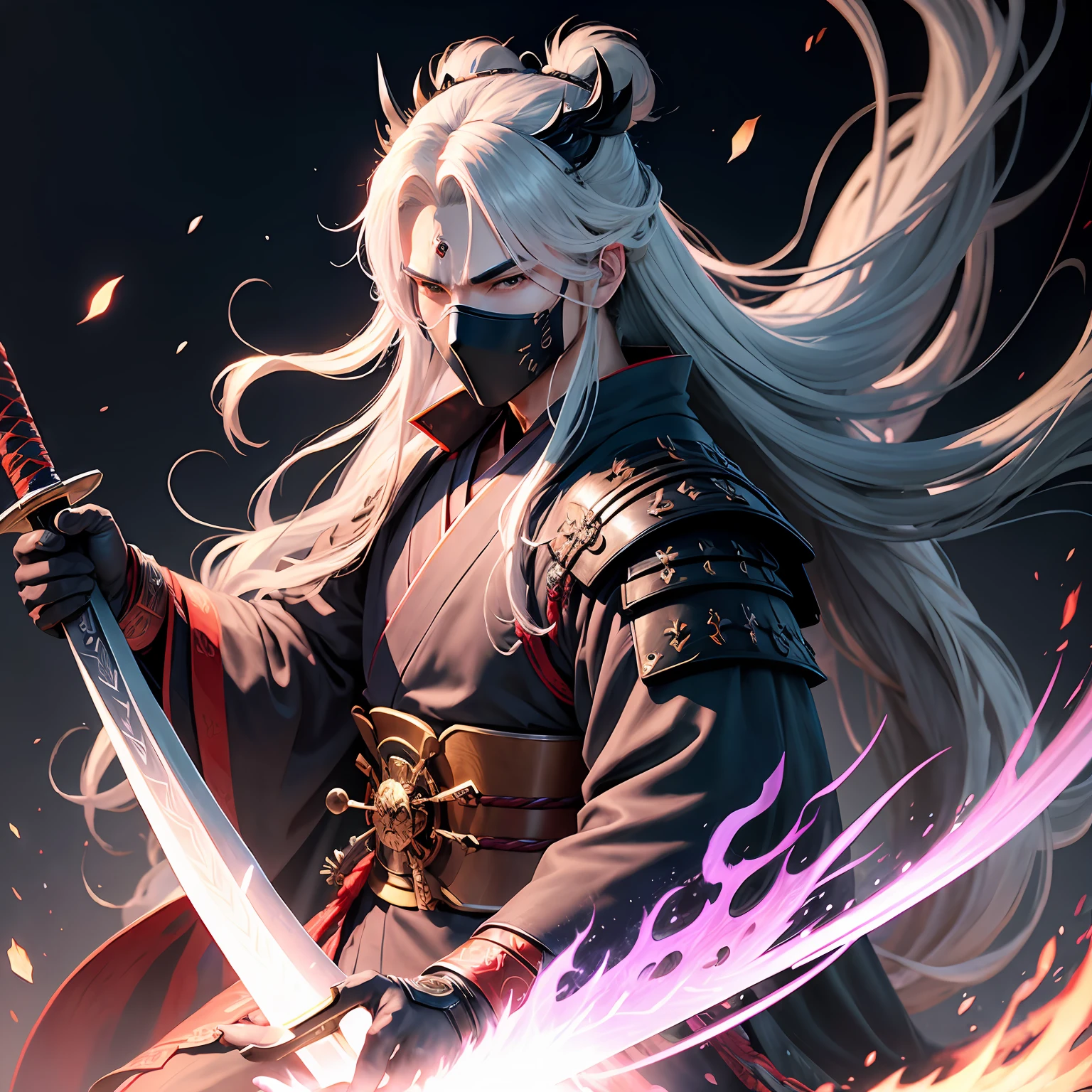 A male samurai with anime style art, with a sword enchanted with the ice element, powerful look, he has long hair, and a mask on his face, wearing a kimono --auto