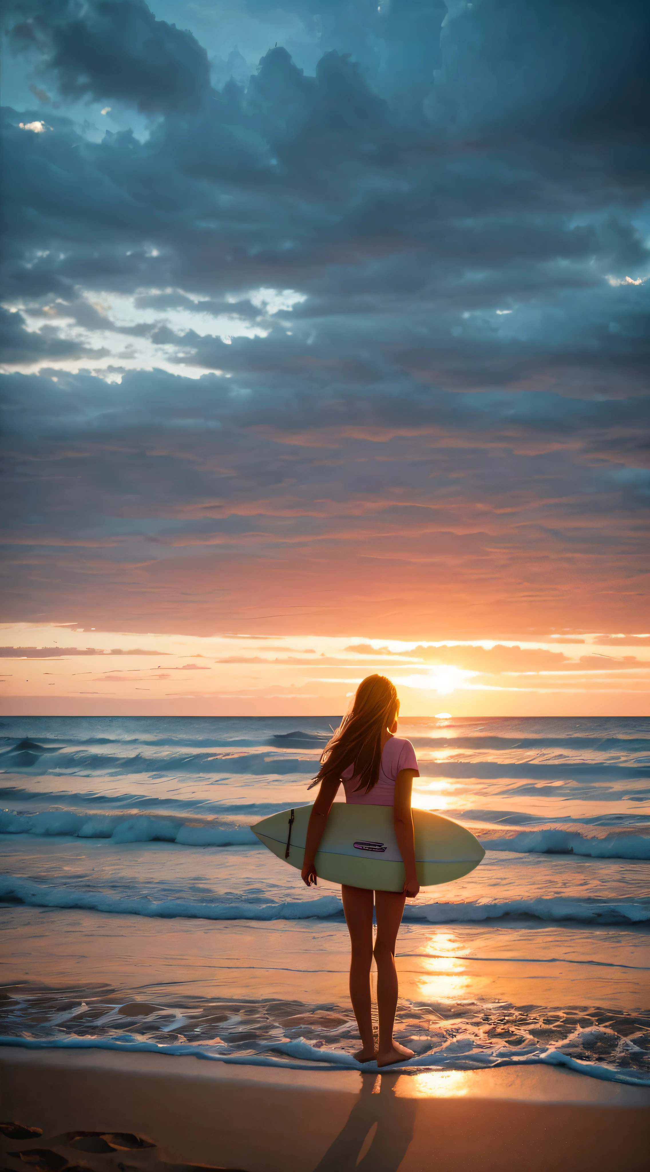 /imagine prompt: A Teenage Girl's Evening Reverie, A young girl stands by the shore, gazing at the horizon as the sun begins its descent. The sky is painted in hues of orange, pink, and gold, casting a warm glow over the sandy beach. She holds a surfboard, a companion to her ocean adventures. The rhythmic sound of waves lapping against the shore adds to the serene ambiance.
A tranquil coastal setting, with the soft, salty breeze caressing her face. Seagulls soar gracefully above, and the distant laughter of beachgoers fills the air. The scene exudes a nostalgic and dreamlike atmosphere.
The mood is one of peaceful contemplation, evoking a sense of wonder and appreciation for the beauty of nature and life's simple joys.
The atmosphere is serene and wistful, with a touch of youthful optimism, perfectly capturing the essence of the teenage girl's emotional journey.
The lighting effect showcases the golden hour, with the sun casting long shadows on the beach. The warm, diffused light creates a soft and ethereal ambiance, emphasizing the dreamy quality of the scene. The light's direction highlights the girl and the surfboard, while the surrounding landscape is gently bathed in a warm glow. This lighting effect enhances the overall mood, making it a captivating and enchanting moment. --ar 2:3 --c 15 --s 650 --q 2,
