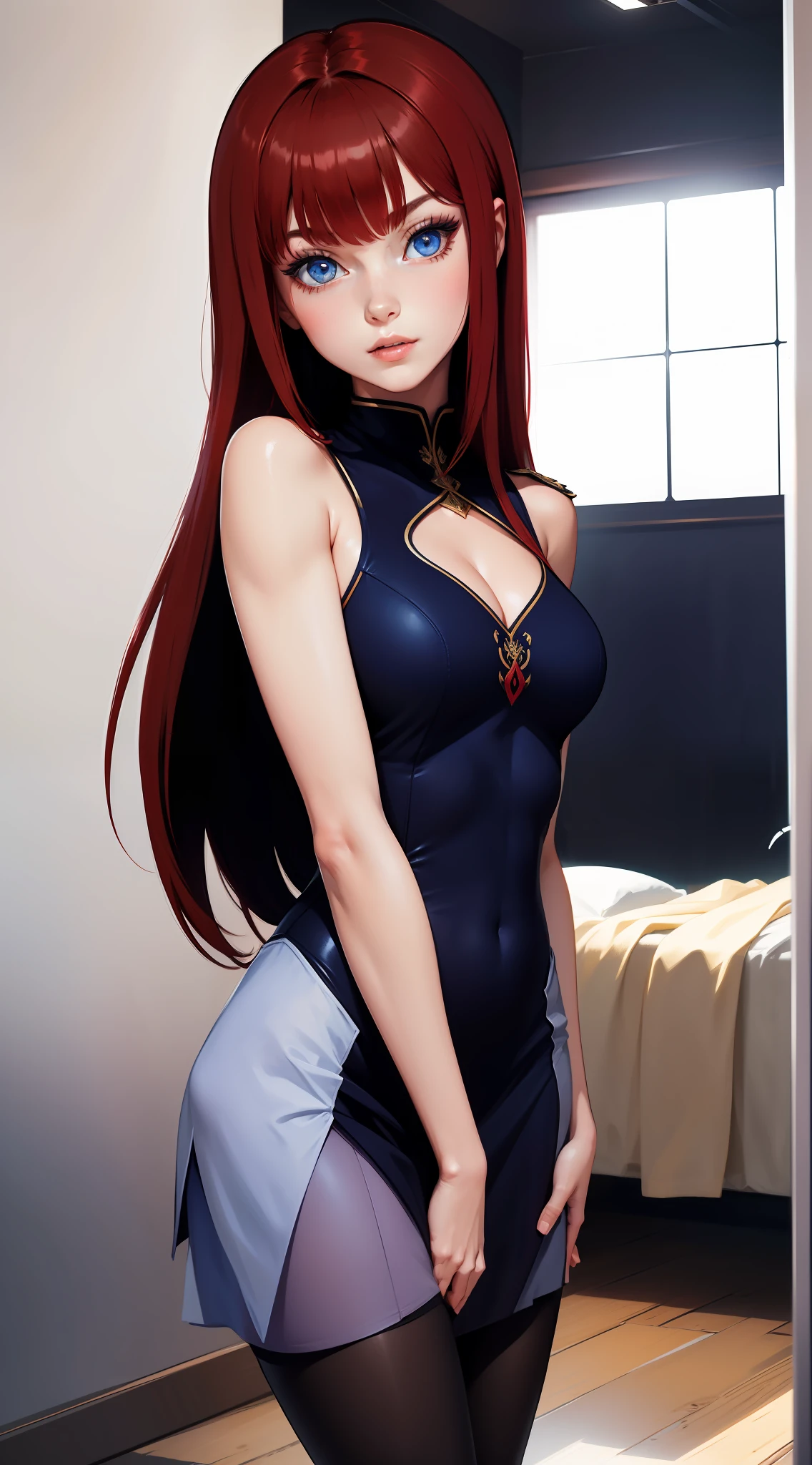 (highres), (absurdres), (best quality), (high quality), (masterpiece), illustration,beautifuldetailedglow, paper_cut, 1girl, full body, pretty face, fantasy, colorful, dark red hair, blue eyes, long hair, looking at viewer, standing, sexually suggestive, cleavage, medium breasts, skin tight,