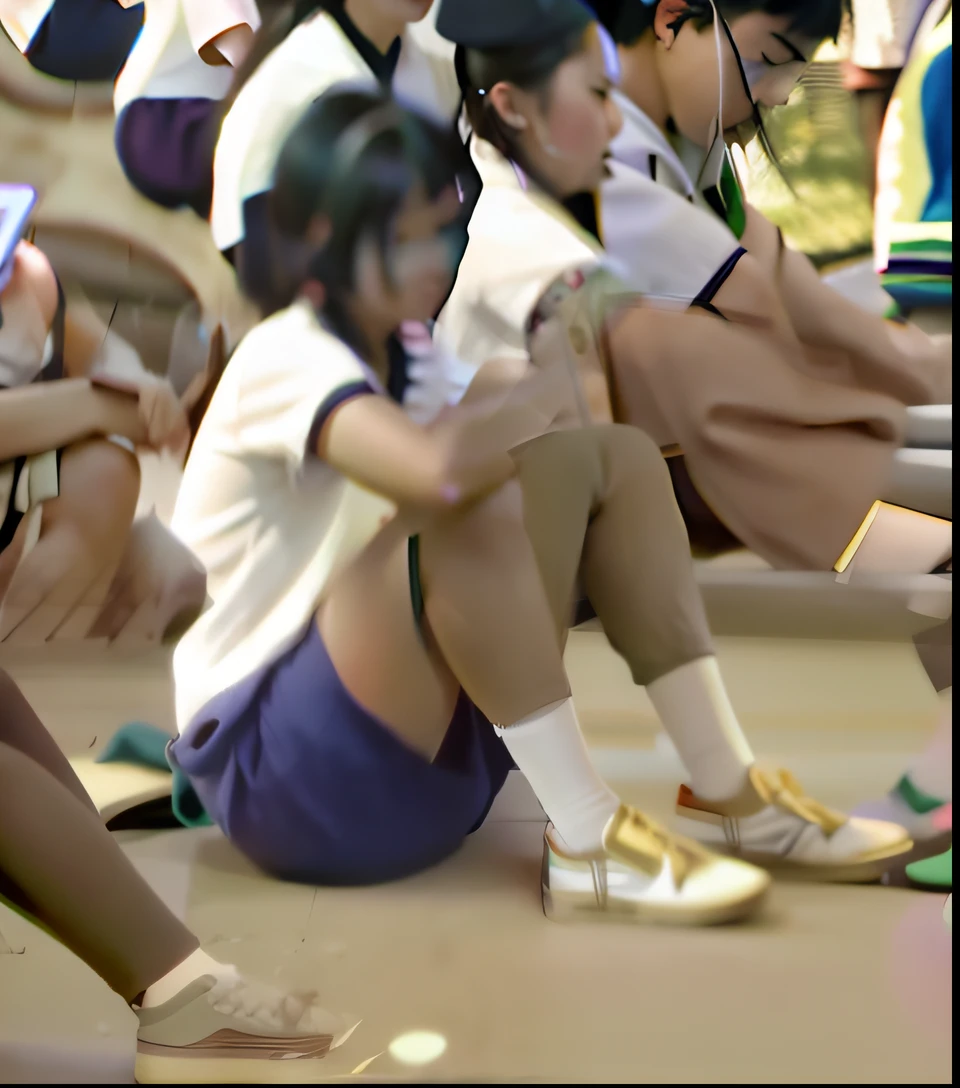 Sitting on the ground in uniform、Several girls with mobile phones, sitting on bent knees, Sitting cross-legged, Sitting on the ground, Kneeling!!, set in 1992 japan, japan 1980s, very grainy image, 80's Japanese photo, Japan, Sit with your wrists together, 1 9 7 0 s japanese tv show