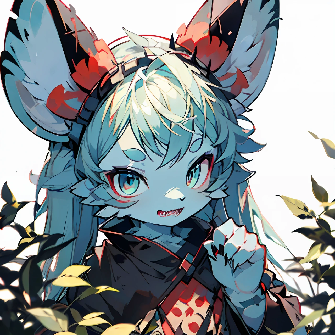 Cute tiny demon girl, (blue skin), in cute summer dress with flowers pattern, flower in her hairs, red claws on her fingers, sharp teeth, (red scales on skin), looking to viewer from ground, in beautiful park, close-up, fantasy atmosphere, 4k