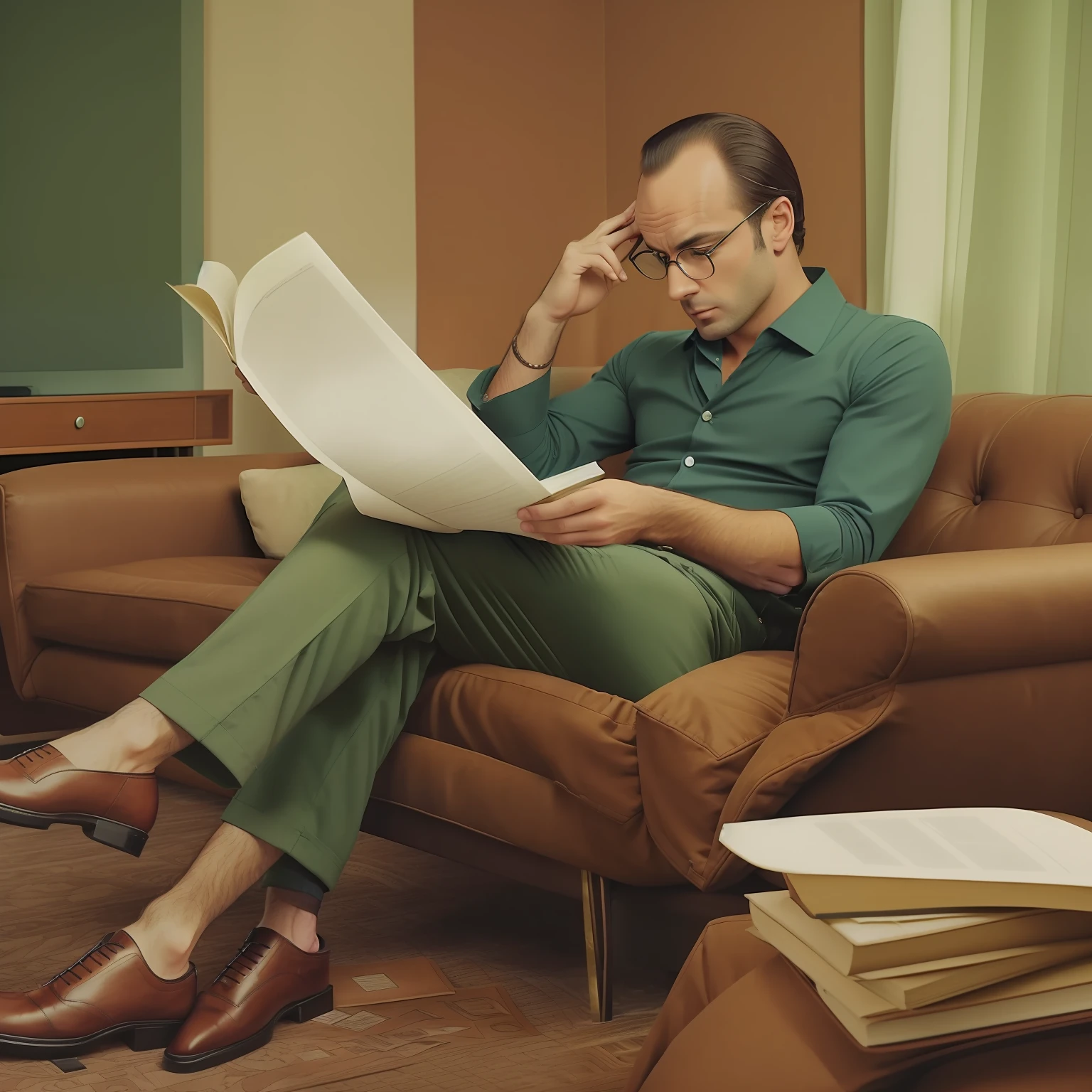 A professional man with a receding hairline (dressed in pants and without a shirt:1.5) is engrossed in reading important documents while comfortably seated on a retro 70s sofa.