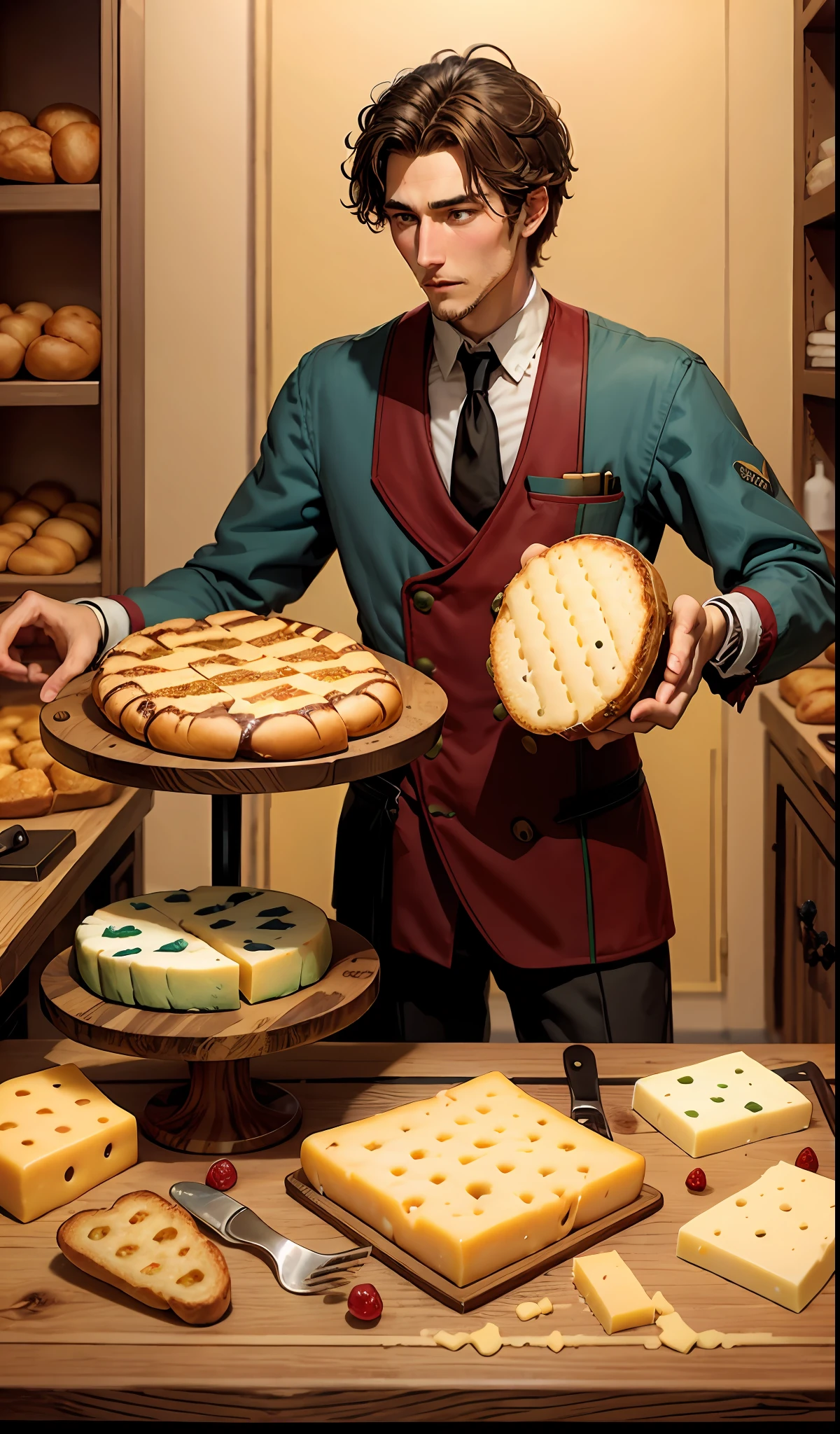 Checkered tables with cheese boards, Artisan breads and man attendant.