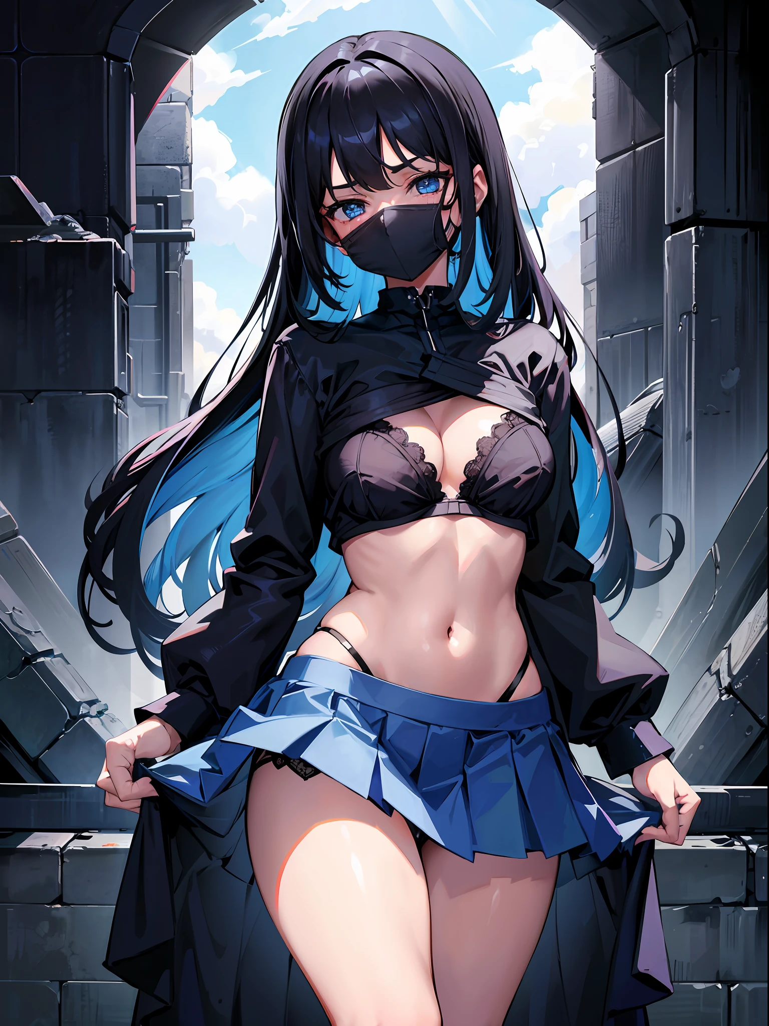 8K, Attractive, intensely detailed, 20 Year Old Girl, sexy and attractive woman with dark, black hair. She has beautiful sky-blue eyes with a heart inside. She is dressed in white, short and unbuttoned shirt. She is wearing a blue miniskirt. Her skirt is lifted up, and from under the skirt we see sexy, black lace panties with bow. A sexy body is seen along with a bare belly and chest.