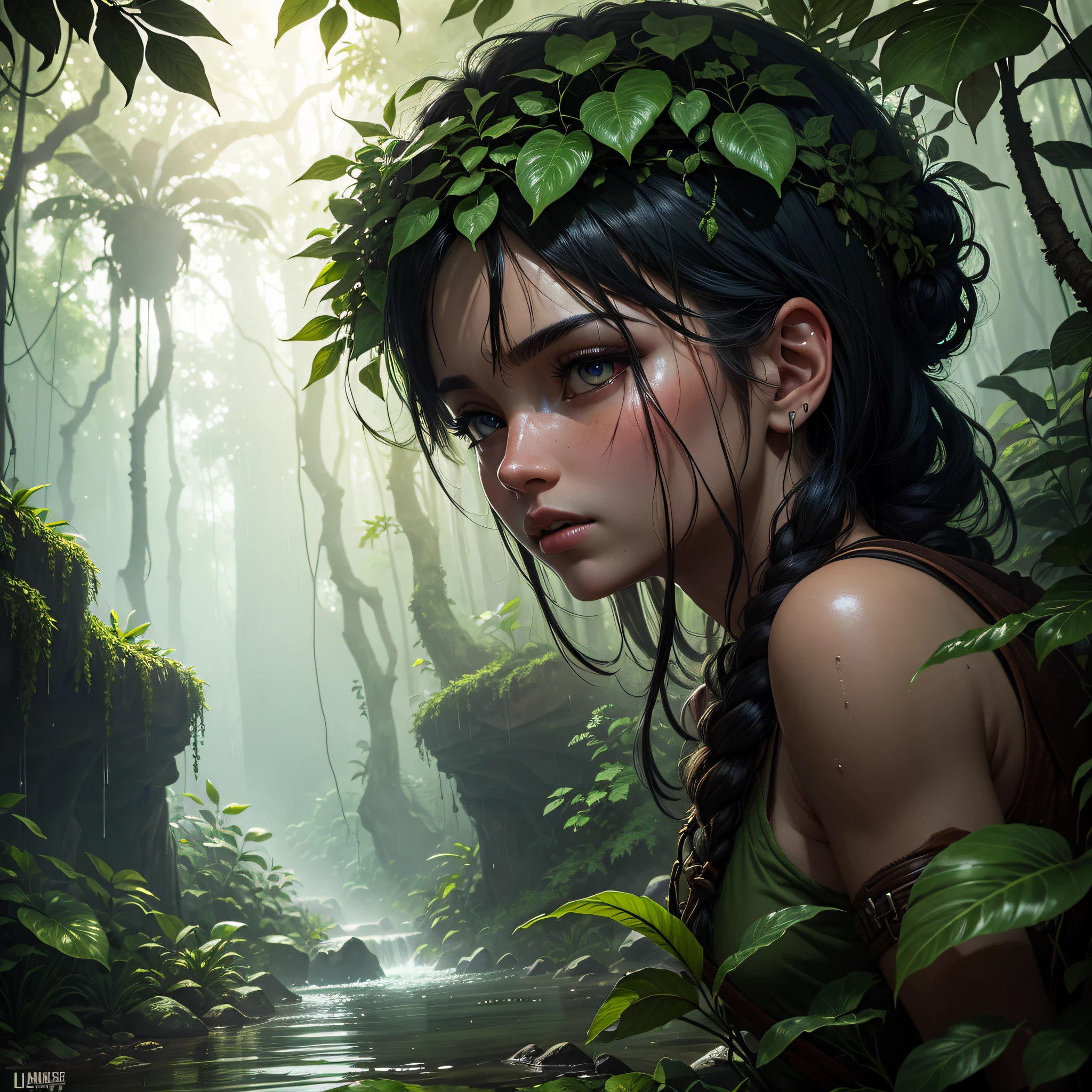 "A thrilling and immersive Jungle Adventure with lush foliage, mysterious creatures, hidden treasures, and perilous obstacles, captured in a cinematic masterpiece amidst a gentle rain."