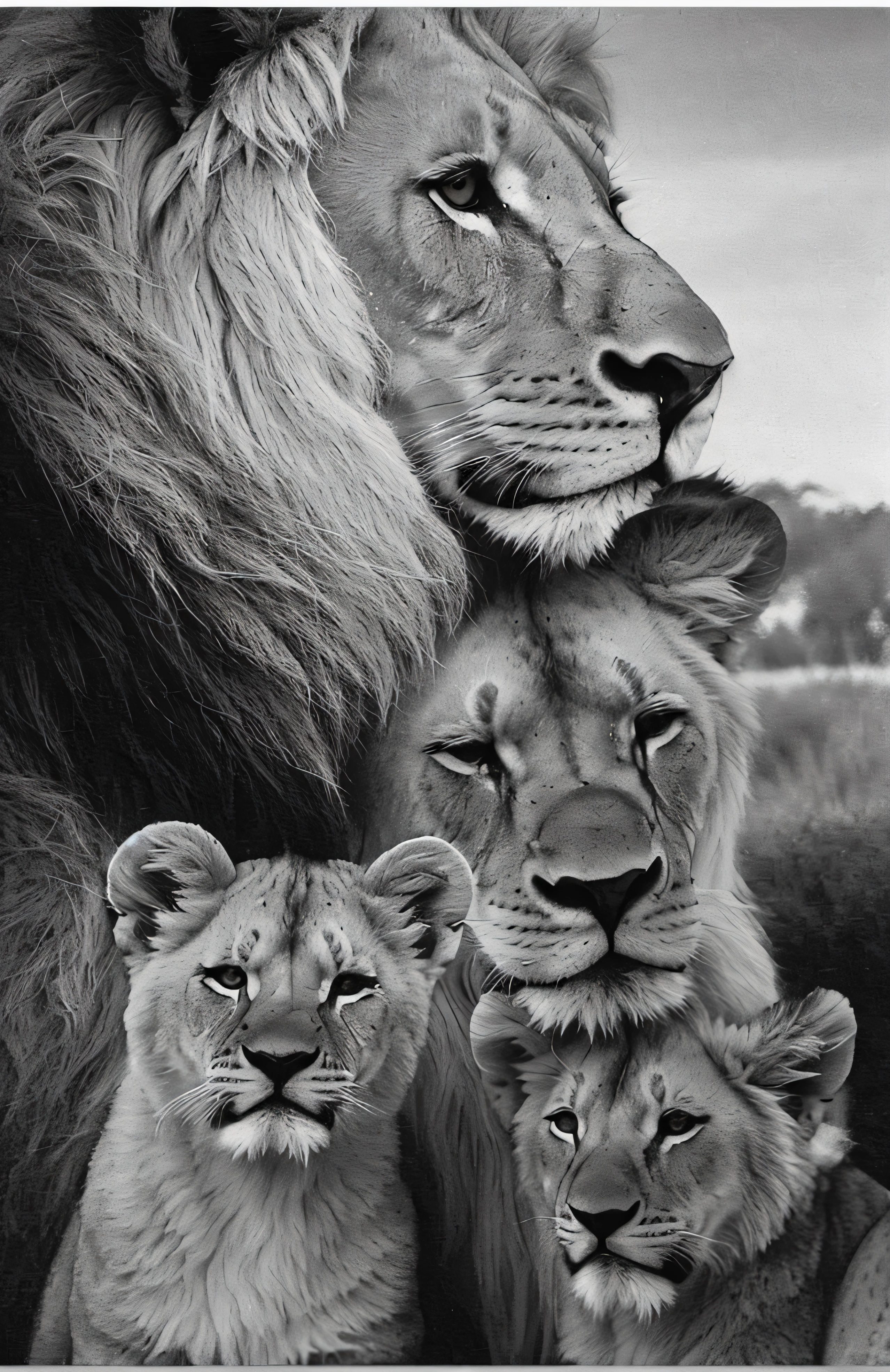 Araffes of a group of lions together in a field, lions, family portrait, Directed by: Bernard D'Andrea, olhar orgulhoso, animais animais selvagens, Animais bonitos detalhados, olhar orgulhoso, Directed by: Nandor Soldier, high quality print, trending ，, Directed by: Lucia Peka, with the mane of a lion, Directed by: Tadashi Nakayama, animais silvestres