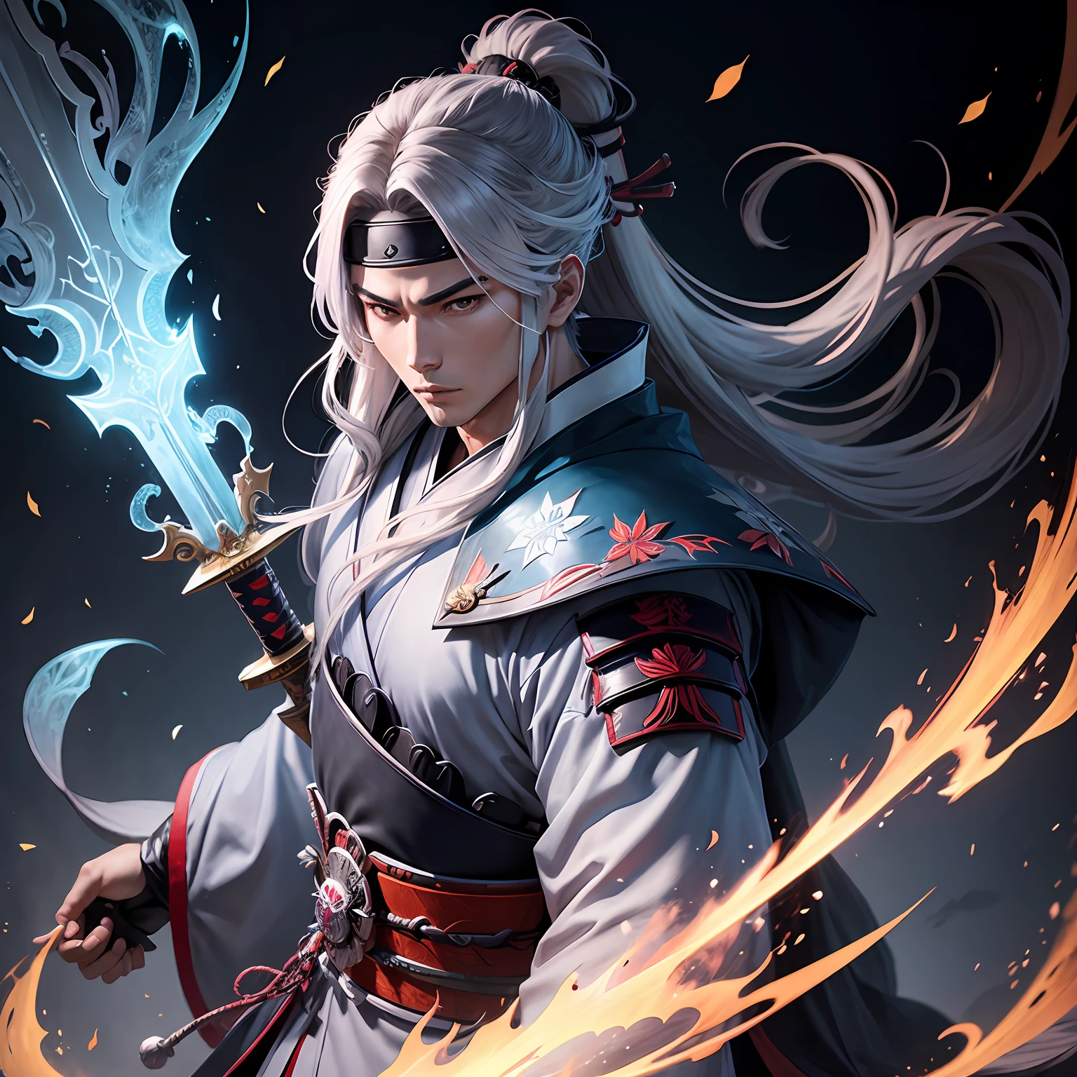 A male samurai with anime style art, with a sword enchanted with the ice element, powerful look, he has long hair, and a mask on his face, wearing a kimono --auto