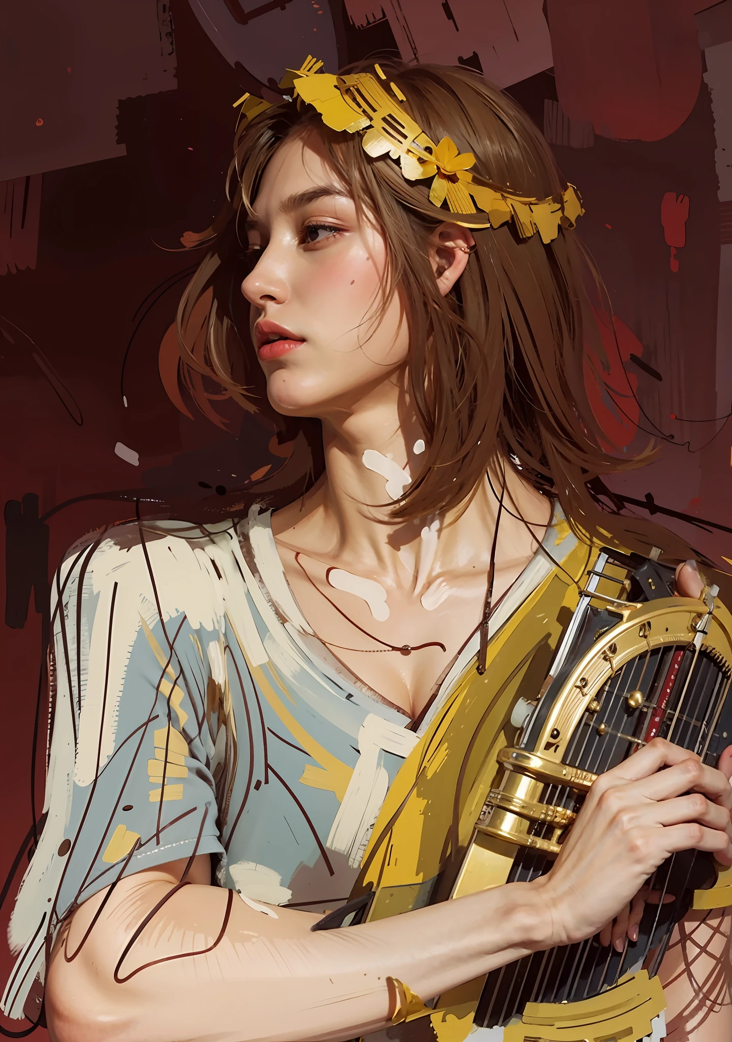 A man's hand on a golden harp
