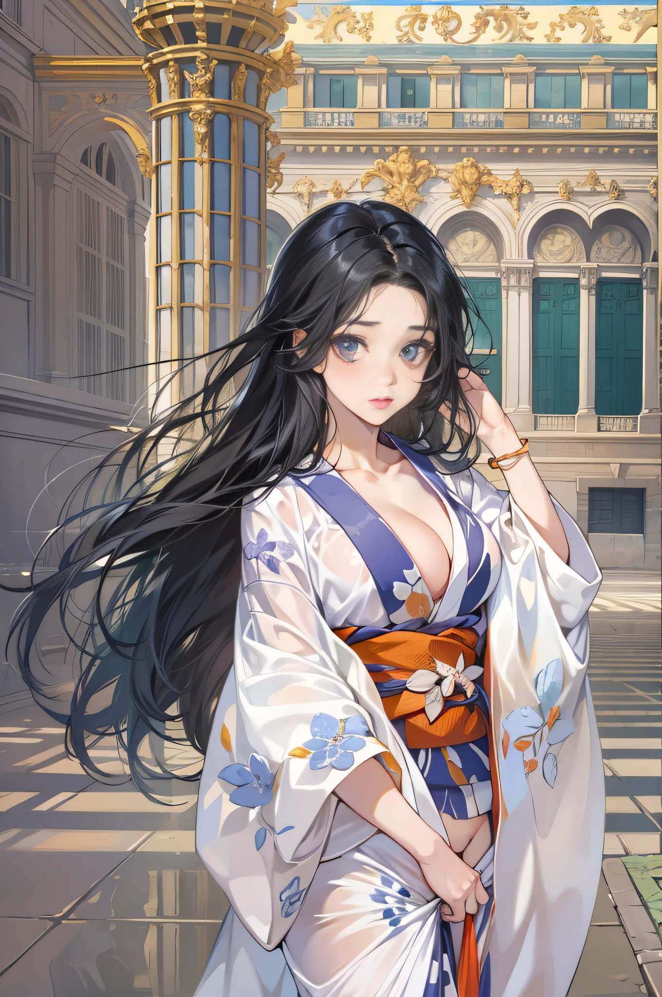 32 year old beautiful woman with attractive long black hair、Double eyelids、The background is the Palace of Versailles in France、Looking here、One white see-through yukata that sticks to bare skin、very large breast、wide open legs、The color and shape of the tip of the chest is visible 、You can see the color and shape of the areola、You can see through a lot of pubic hair、The entire chest shows through、