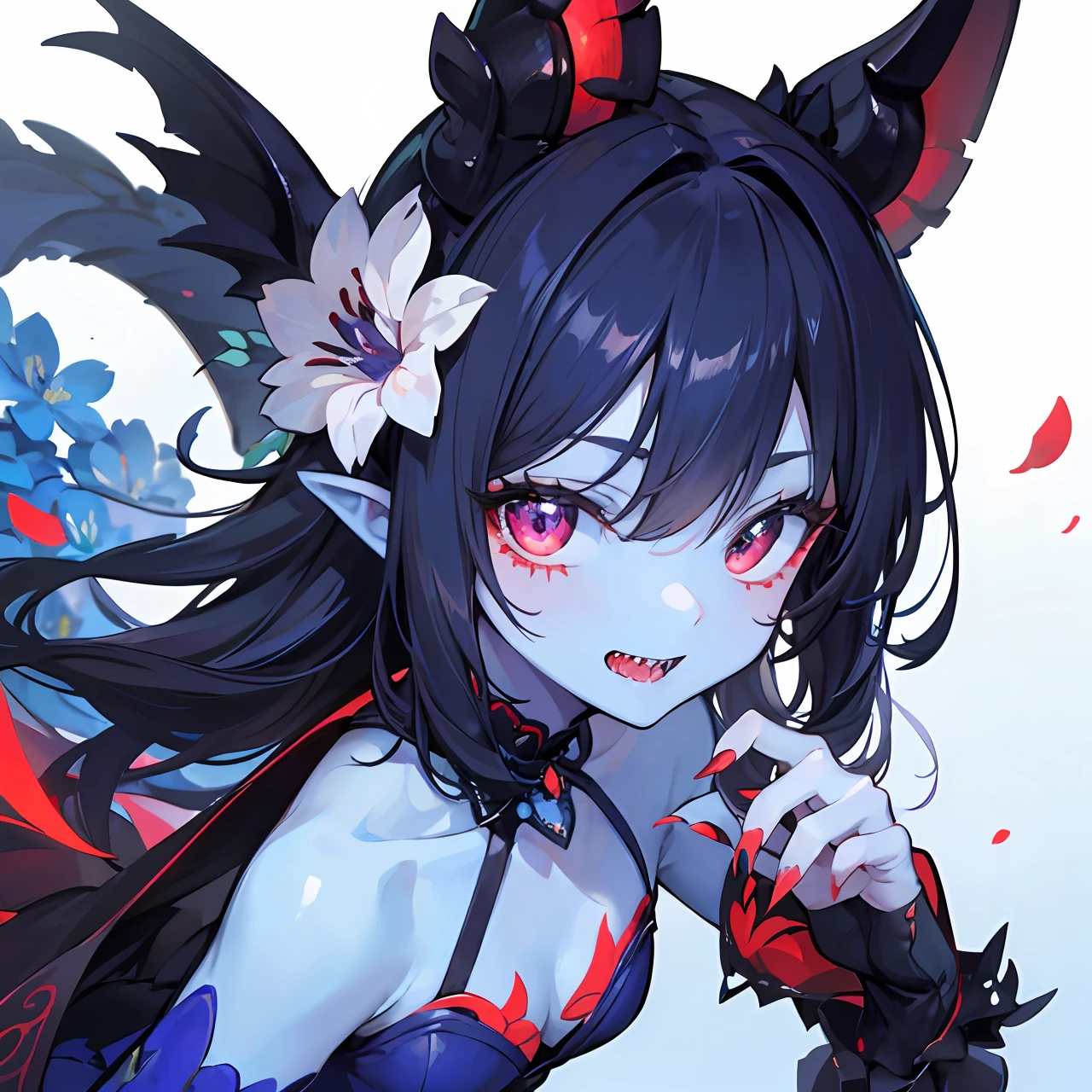 Cute tiny demon girl, (blue skin), in cute summer dress with flowers pattern, flower in her hairs, red claws on her fingers, sharp teeth, (red scales on skin), looking to viewer from ground, in beautiful park, close-up, fantasy atmosphere, 4k