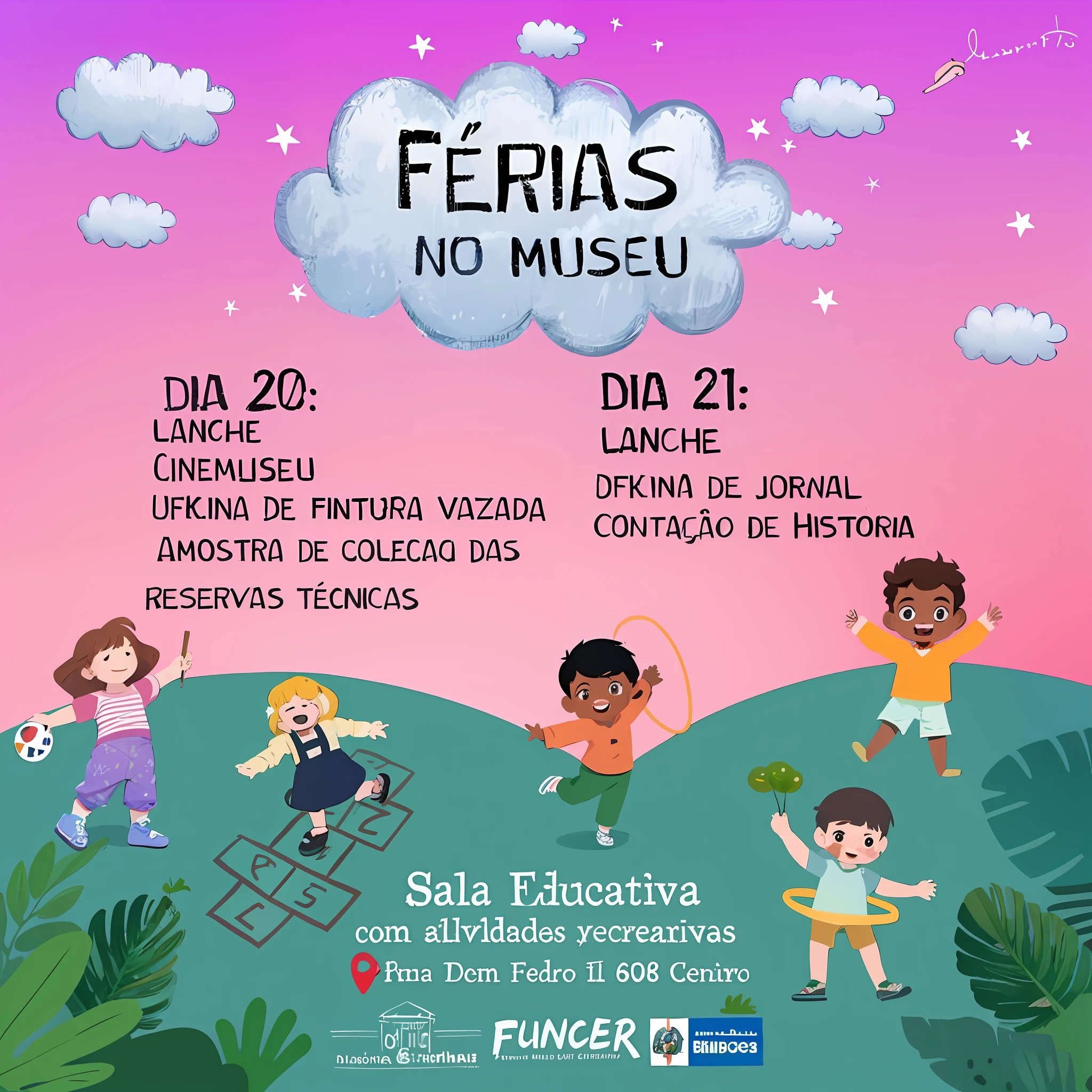 A poster for a children's festival with children playing in the park, for kids, Directed by: Teresa Fasolino, by Maria Helena Vieira da Silva, Fazer, by Almada Negreiros, Directed by: Felix Arauz, Directed by: Silvia Pelissero, desenho, Directed by: Matthias Ferré Palace, Directed by: Fernando Gerassi