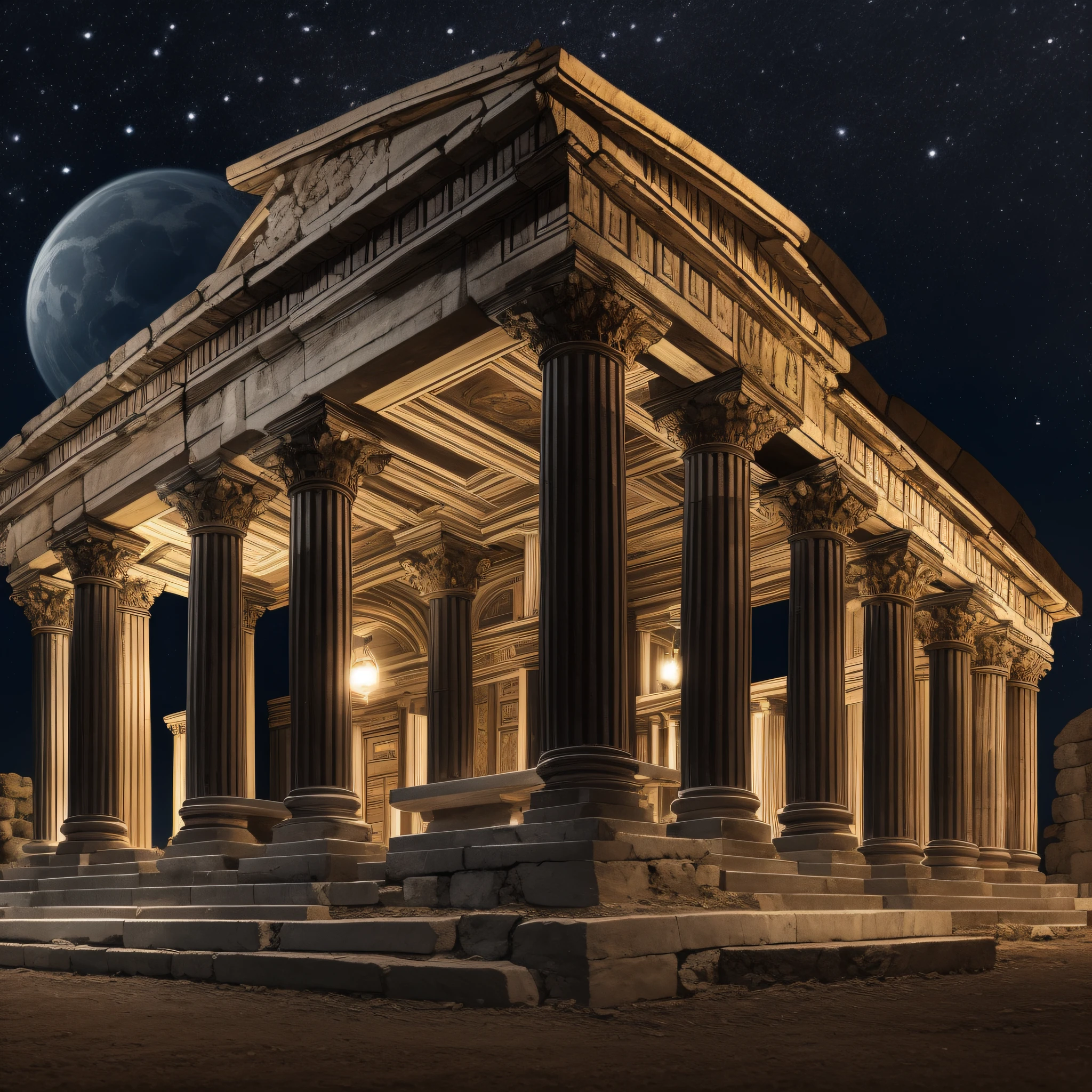 A fully restored Greek pagan religious temple in a nocturnal setting