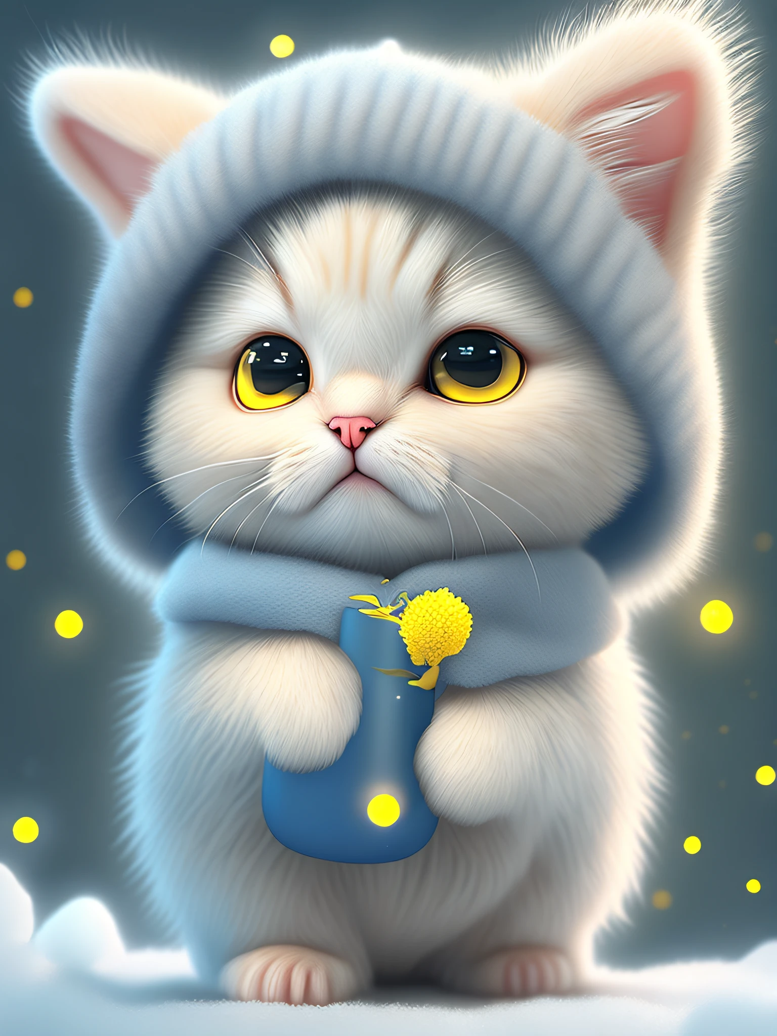 Realistic cute and fluffy cat, yellow cat with white stripes and yellow eye, cat sitting licking its paw, several bottles of essential oil on the side of the kitten --auto
