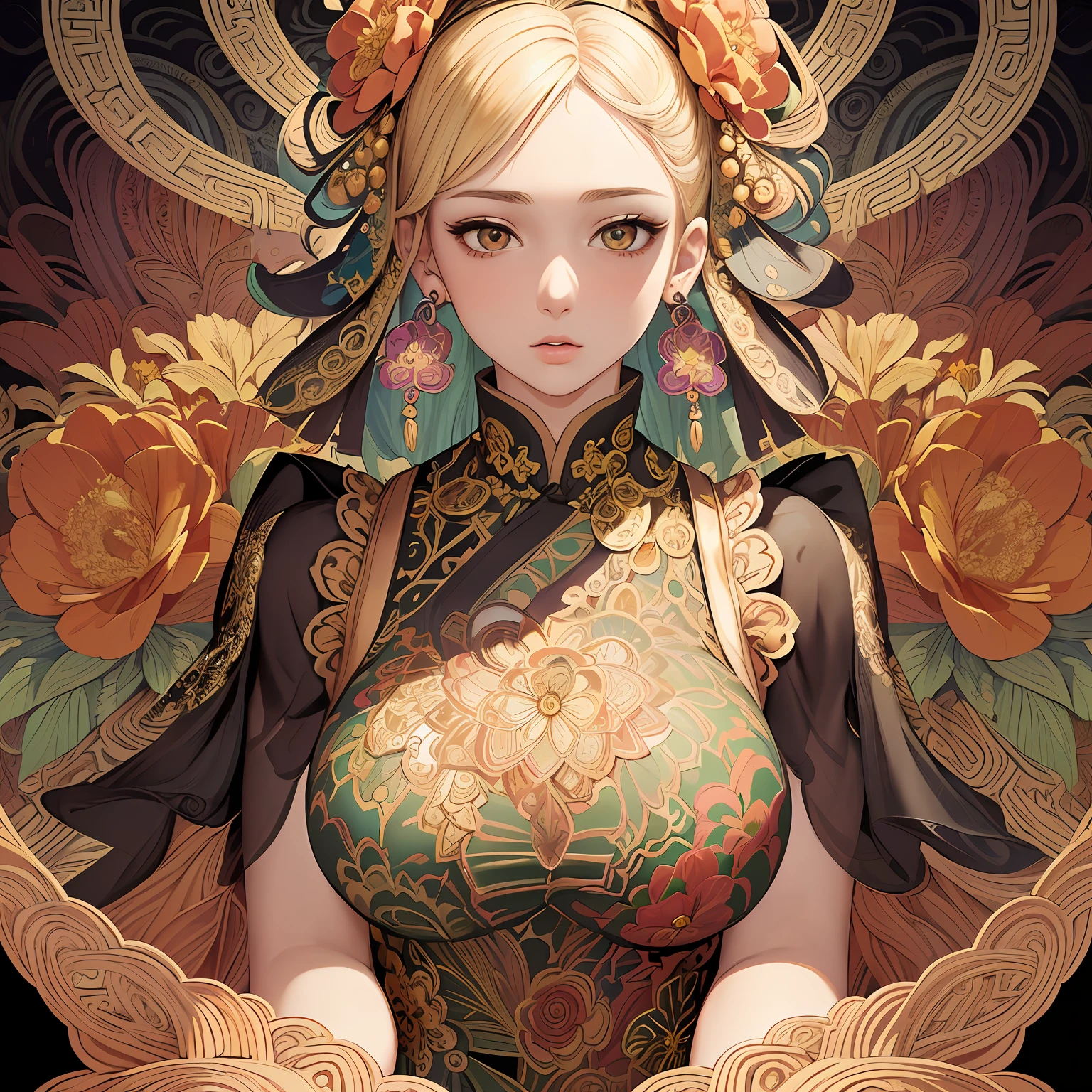(masterpiece, top quality, best quality, official art, beautiful and aesthetic: 1.2), (1girl:1.3), extremely detailed, blonde,(fractal art:1.1),(colorful:1.1)(flowers:1.3),more detailed,( zentangle:1.2), (dynamic posture), (abstract background:1.3), (Chinese dress:1.2), (shiny skin), (many colors:1.4), ,(earrings:1.4), --auto