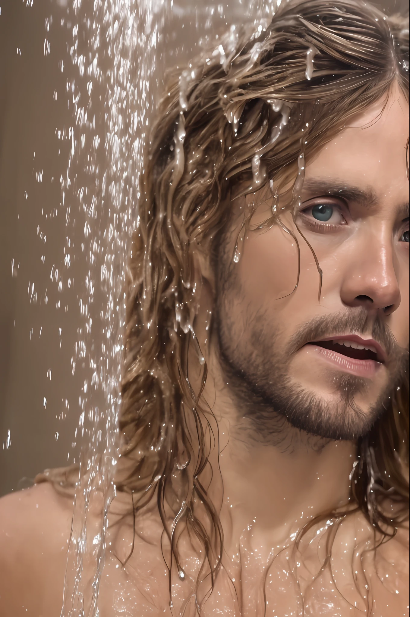 Jared Leto naked in the shower masturbating, head falling back, water falls on his face, cum face, realistic, high quality, high details --auto --s2