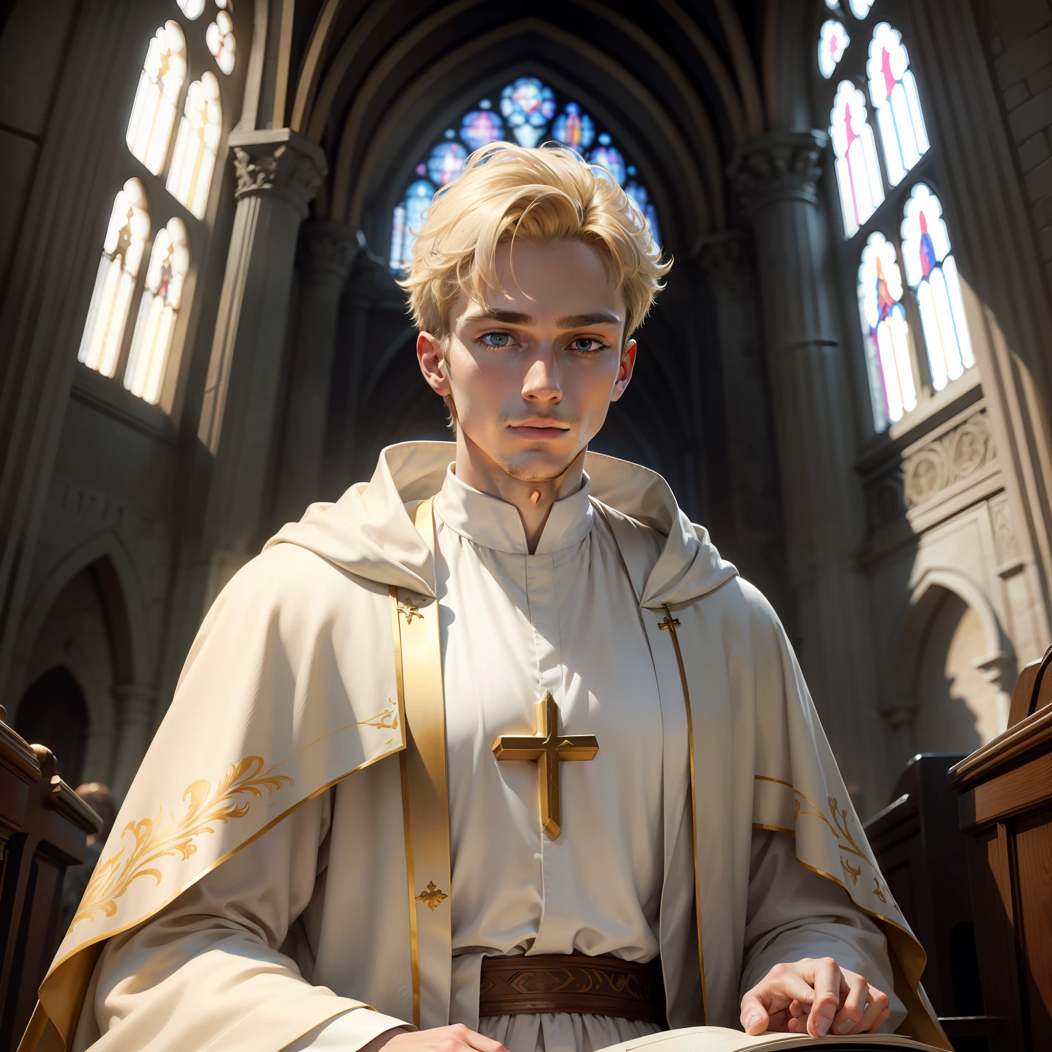 (absurdres, highres, ultra detailed), 1 male, younger adult, broad shoulders, finely detailed eyes and detailed face, Blonde hair, no beard, Brown eyes, fantasy, indoors Church,  Simple white robe Priest, Portrait --auto