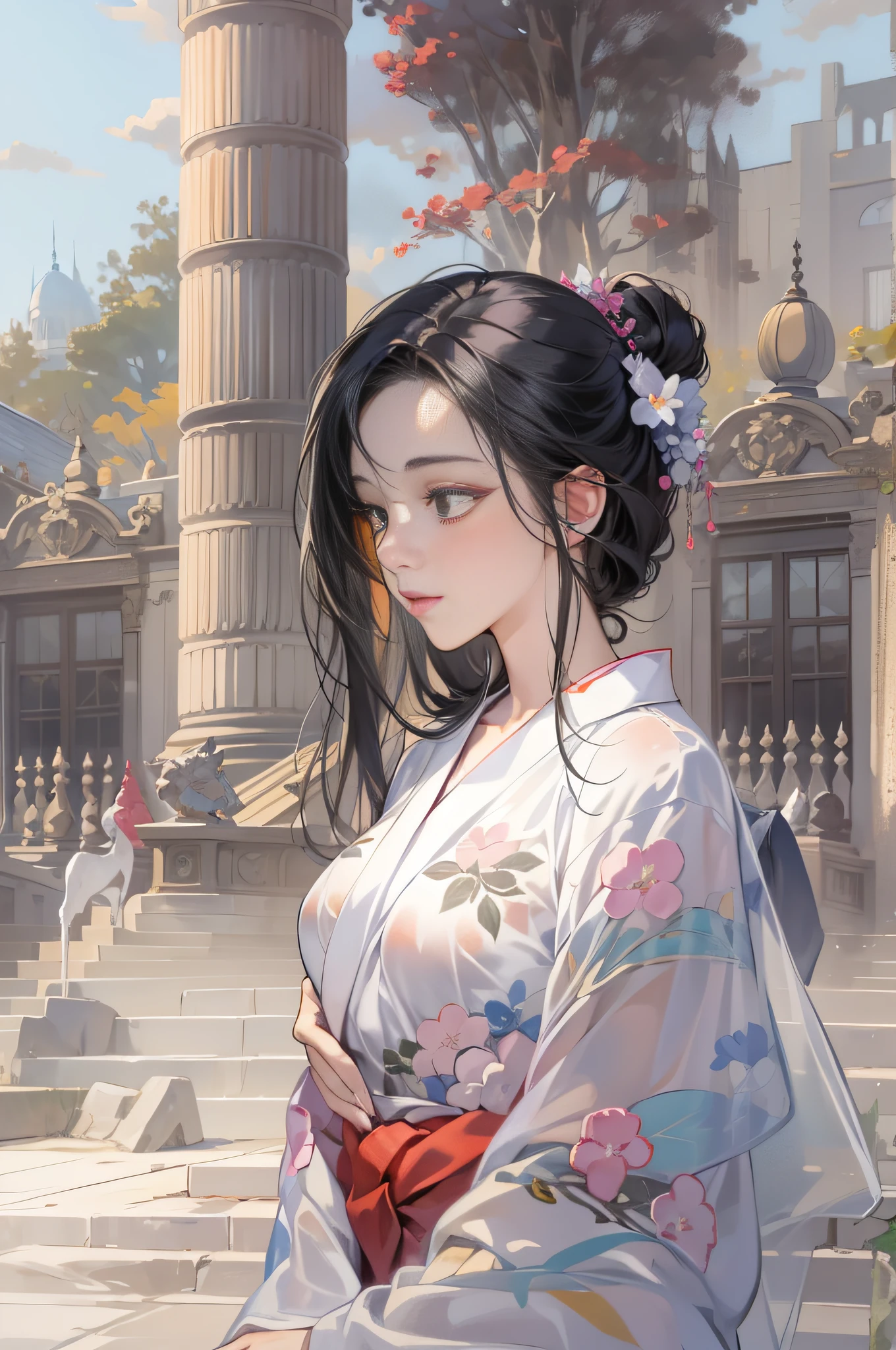 32 year old beautiful woman with attractive long black hair、Double eyelids、The background is the Palace of Versailles in France、Looking here、One white see-through yukata that sticks to bare skin、very large breast、wide open legs、The color and shape of the tip of the chest is visible 、You can see the color and shape of the areola、You can see through a lot of pubic hair、The entire chest shows through、
