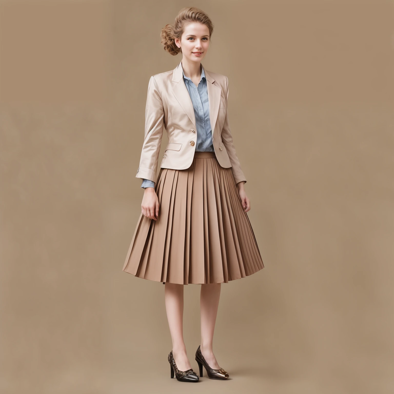authentic (very shy:1,4 smiling) good woman wearing a short blazer with a very very detailed (long (fully pleated) full circle skirt) and (simple) low heeled office shoes, very very intricate hyper-detailed symmetric (attractive graceful young feminine face) with (sad, tired eyes and shy smile:1,1), full of empathy and compassion and love, (pronounced (feminine) features), (highly detailed ultra accurate realistic) hands and fingers, (windy conditions and wind blowing), epic composition, highly detailed attributes, highly detailed atmosphere, (35mm f1.4 Kodak portra 400 photograph), extremely high quality RAW photograph, intricate, Exquisite details and textures,