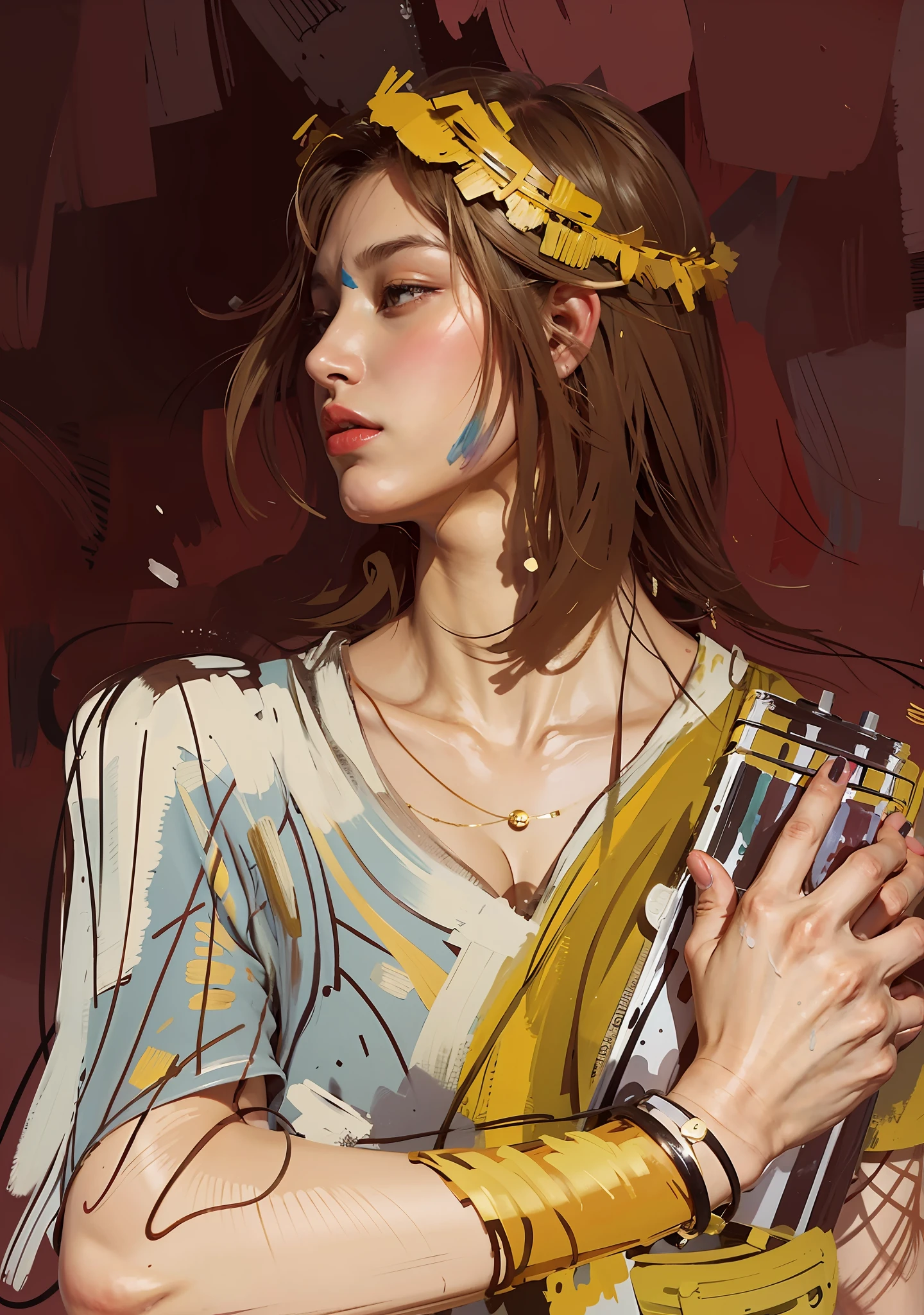 ((Young man)) ,(tmasterpiece),((Painted with paints)), ((Splashes and smears)), (The Official Art of Paints)), (Successful pose), ( Successful composition), Golden Harp,