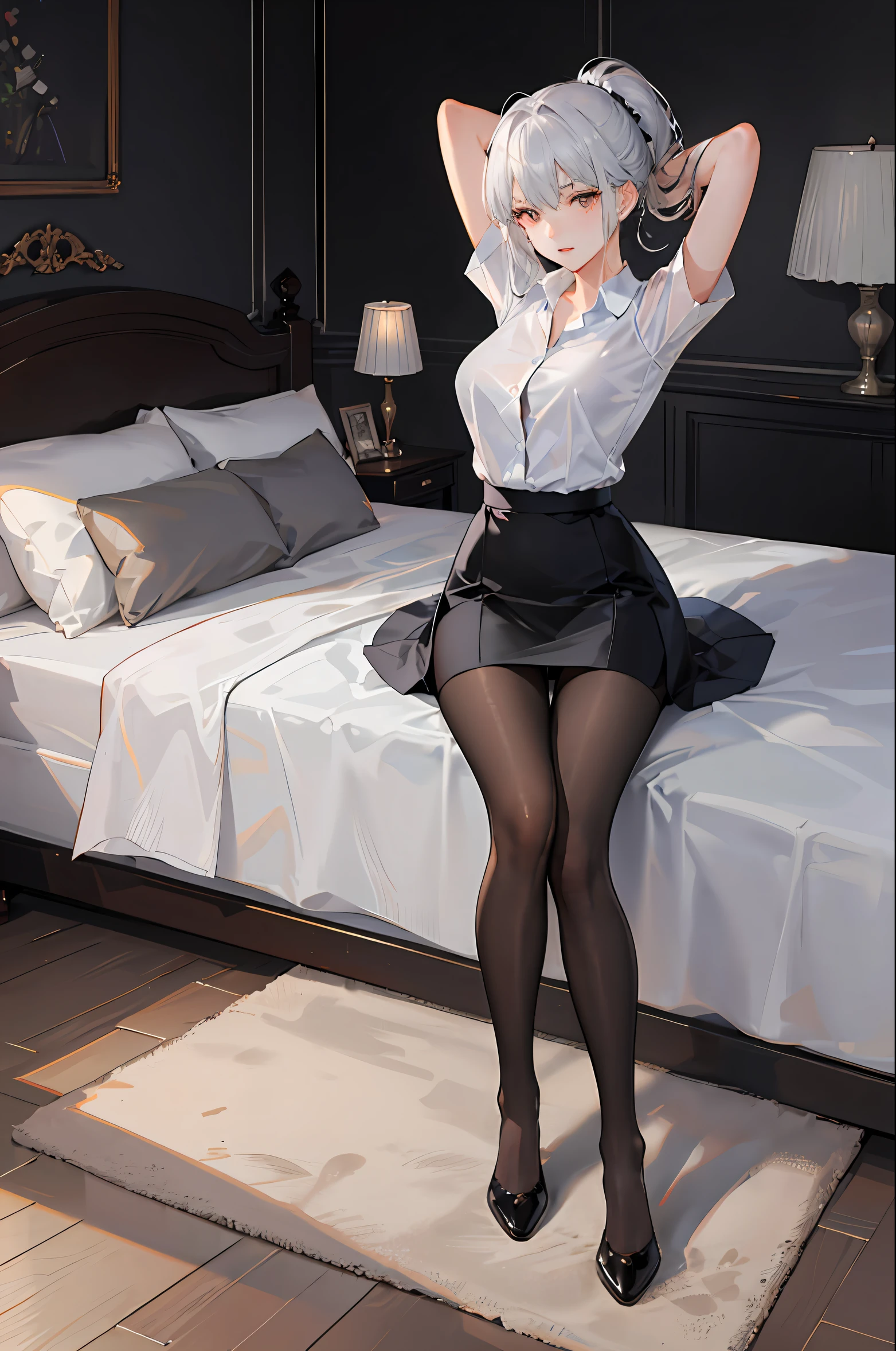 (((1 girl)),ray tracing,(dim lighting),[detailed background (bedroom)),((silver hair)),((silver hair)),(Fluffy silver hair, plump and slender girl))) with high ponytail))) Avoid golden eyes in the ominous bedroom ((((Girl wears a white shirt, black wrinkled skirt with black transparent pantyhose), showing a delicate slim figure and graceful curves, correct limbs, sitting on the bed with hands behind her head, Put both hands behind your head