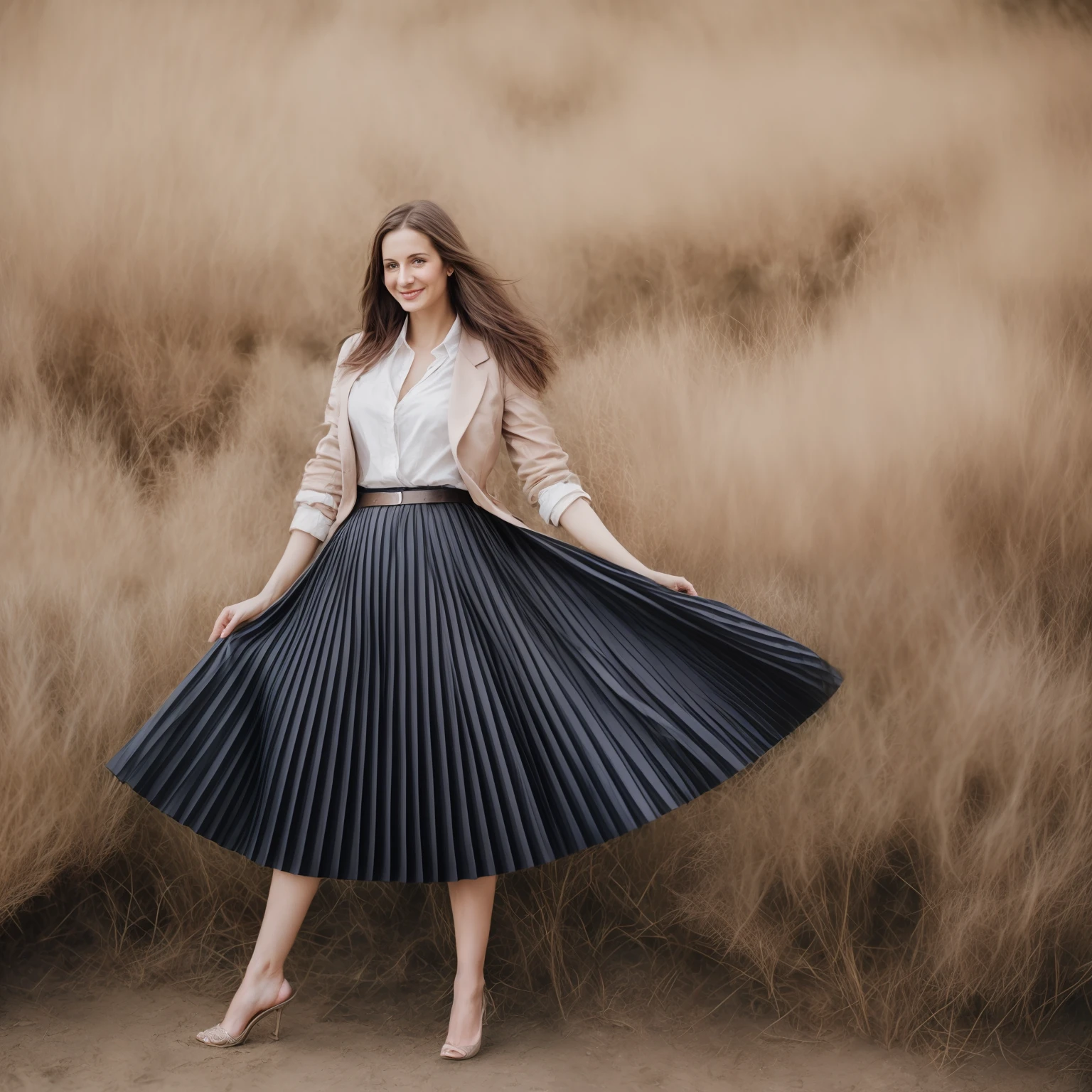 authentic (very shy:1,4 smiling) good woman wearing a short blazer with a very very detailed (long (fully pleated) full circle skirt) and (simple) low heeled office shoes, very very intricate hyper-detailed symmetric (attractive graceful young feminine face) with (sad, tired eyes and shy smile:1,1), full of empathy and compassion and love, (pronounced (feminine) features), (highly detailed ultra accurate realistic) hands and fingers, (windy conditions and wind blowing), epic composition, highly detailed attributes, highly detailed atmosphere, (35mm f1.4 Kodak portra 400 photograph), extremely high quality RAW photograph, intricate, Exquisite details and textures,