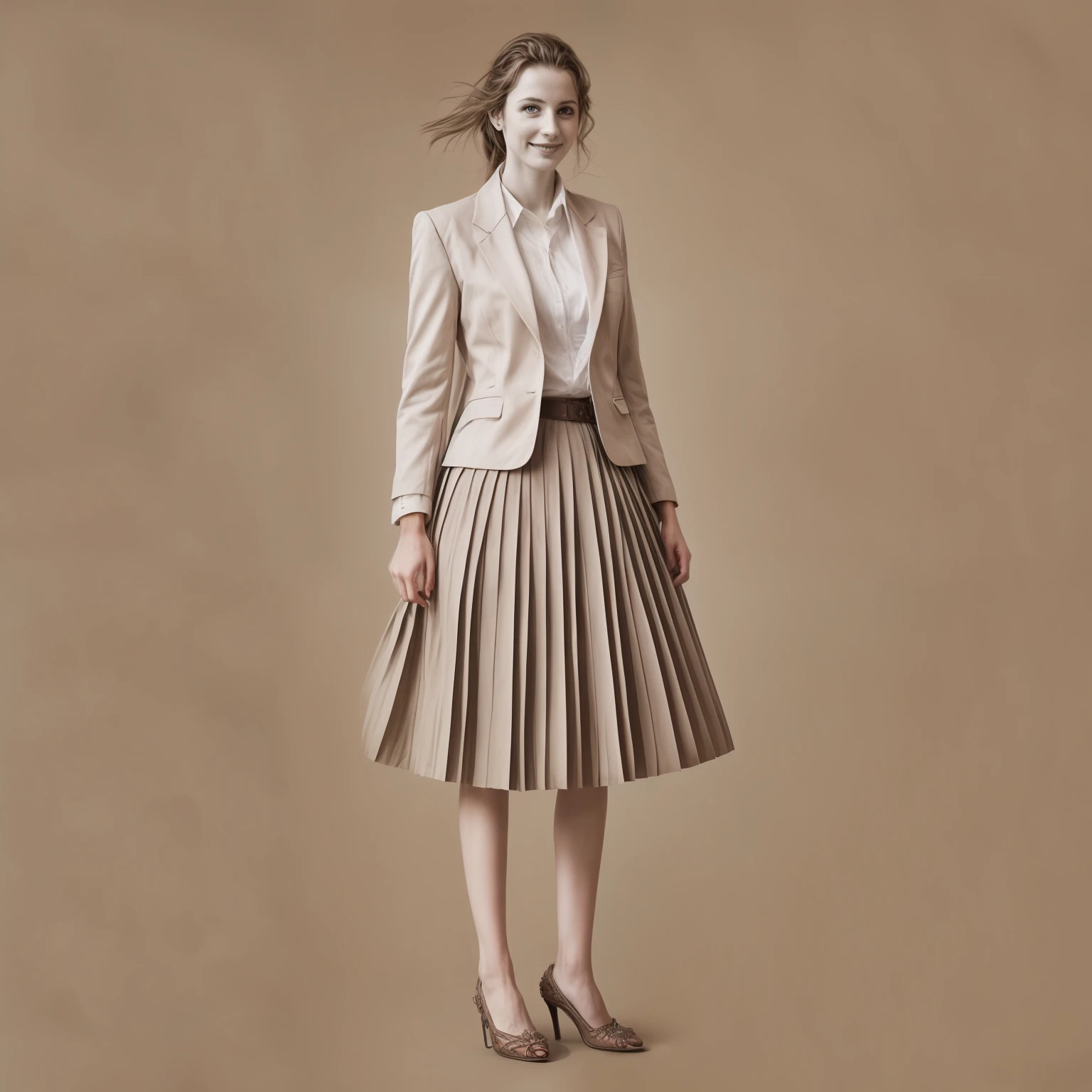 authentic (very shy:1,4 smiling) good woman wearing a short blazer with a very very detailed (long (fully pleated) full circle skirt) and (simple) low heeled office shoes, very very intricate hyper-detailed symmetric (attractive graceful young feminine face) with (sad, tired eyes and shy smile:1,1), full of empathy and compassion and love, (pronounced (feminine) features), (highly detailed ultra accurate realistic) hands and fingers, (windy conditions and wind blowing), epic composition, highly detailed attributes, highly detailed atmosphere, (35mm f1.4 Kodak portra 400 photograph), extremely high quality RAW photograph, intricate, Exquisite details and textures,